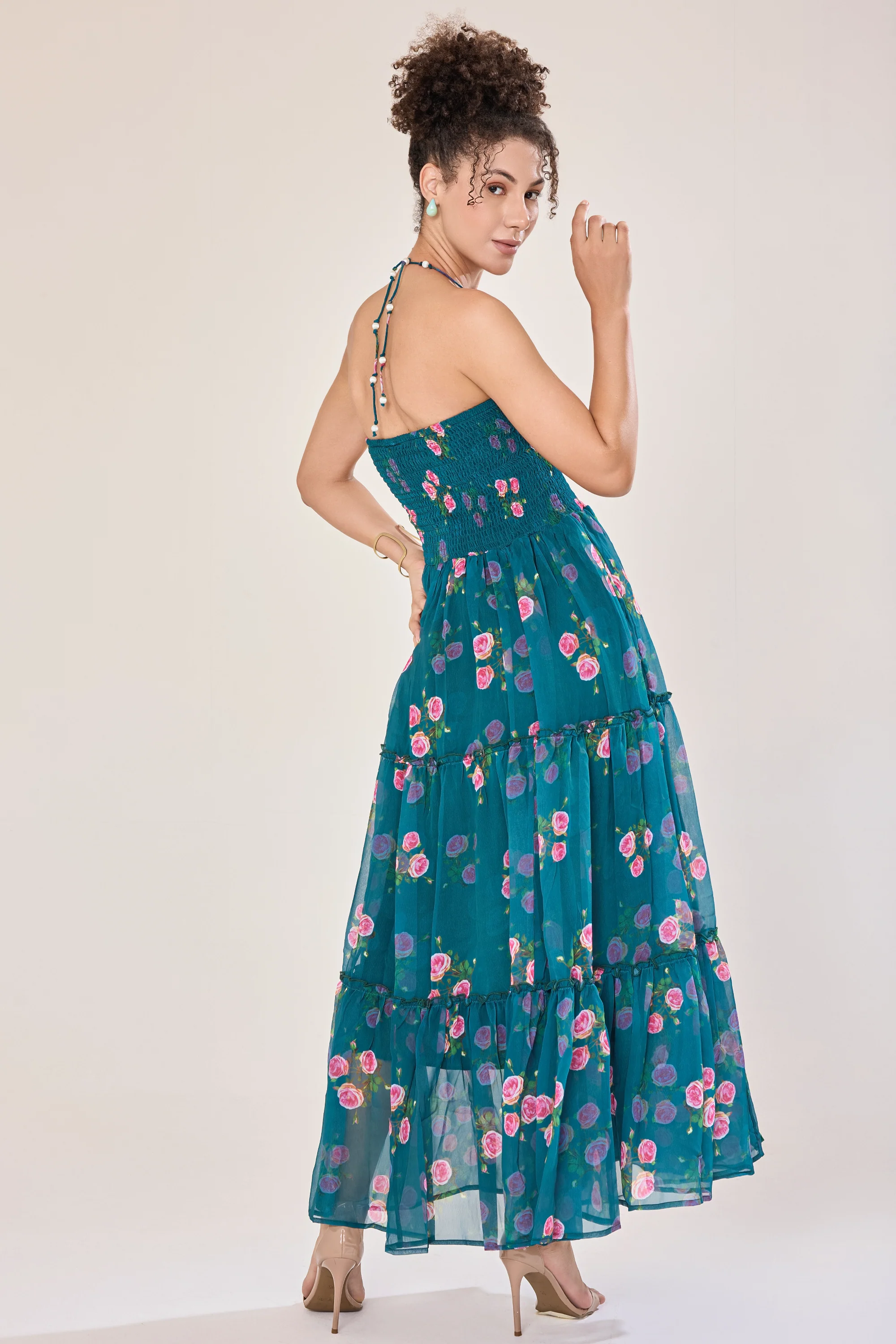 Urban Sundari Floral Georgette Maxi Dress with Pearl Embellished Halter Neck - Image 2