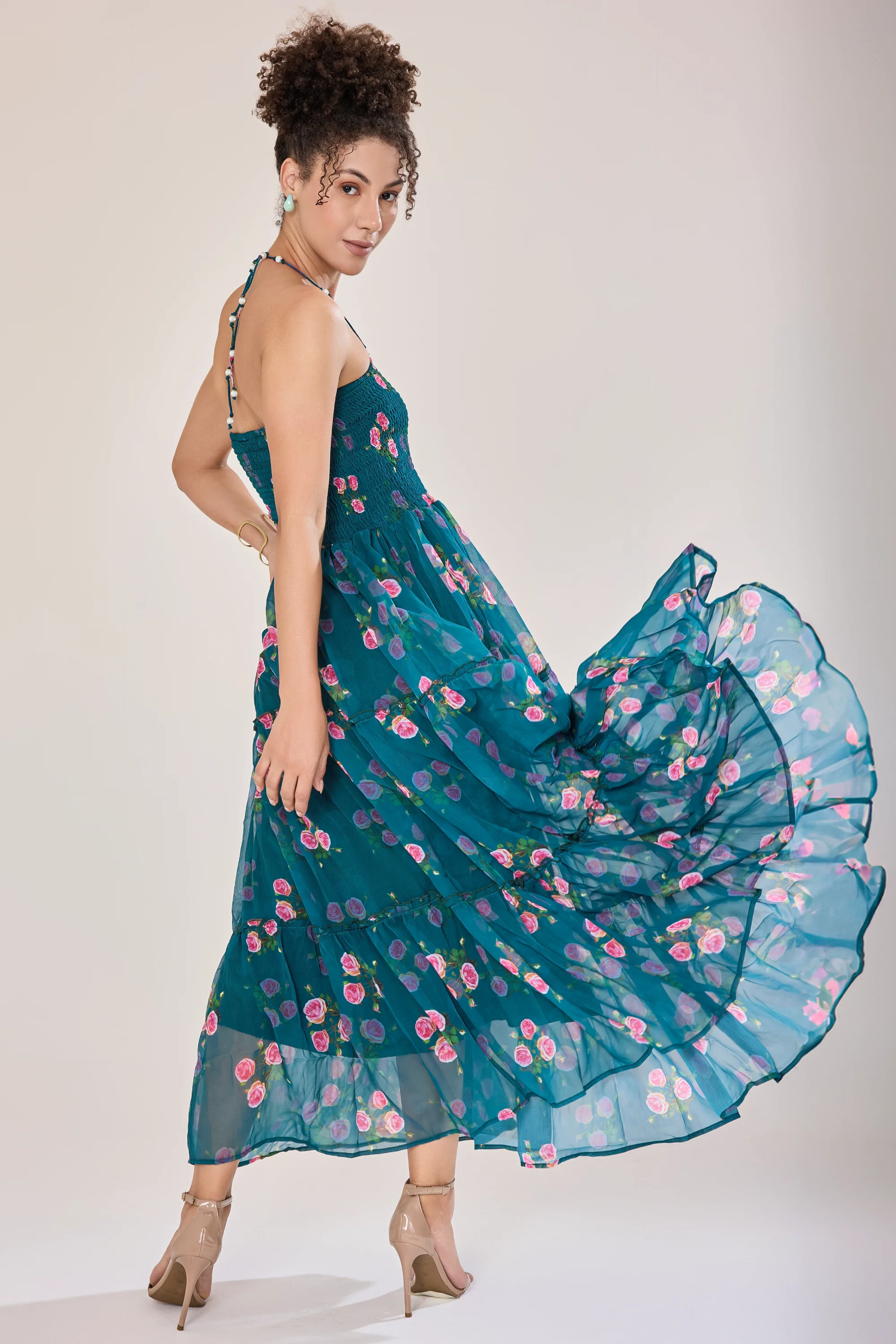 Urban Sundari Floral Georgette Maxi Dress with Pearl Embellished Halter Neck - Image 3