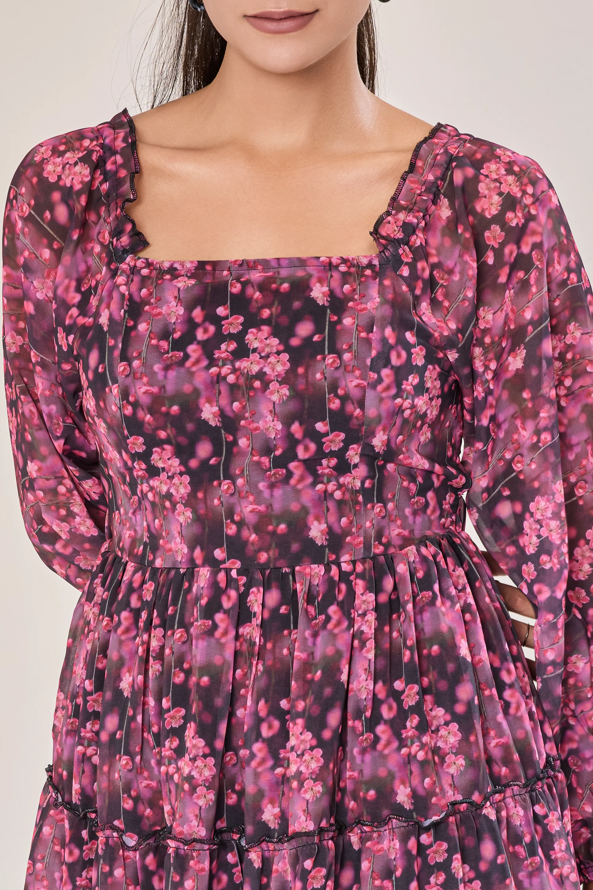 Urban Sundari Floral Mini Dress with Square Neck and Long Sleeves - Image 4