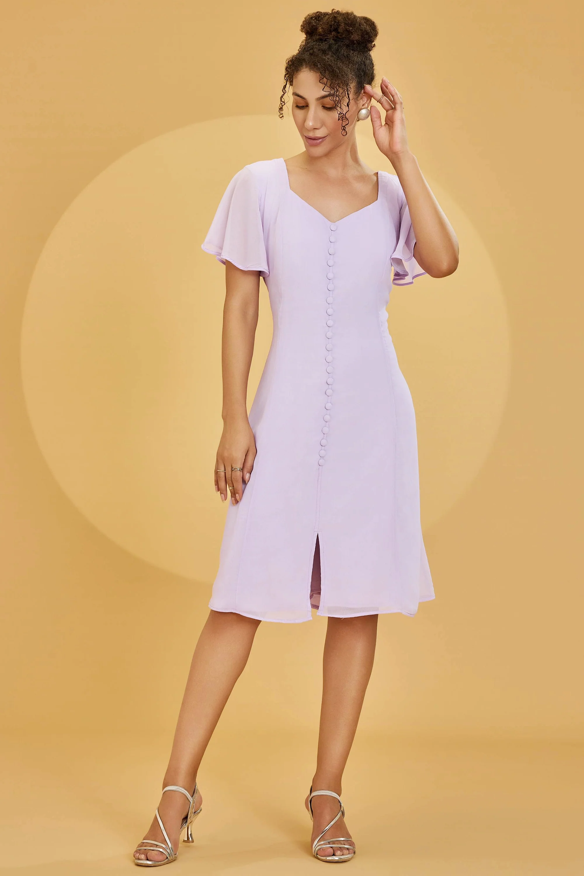 Urban Sundari Solid Crepe Knee Length A-Line Dress with Embroidered Button - Image 10