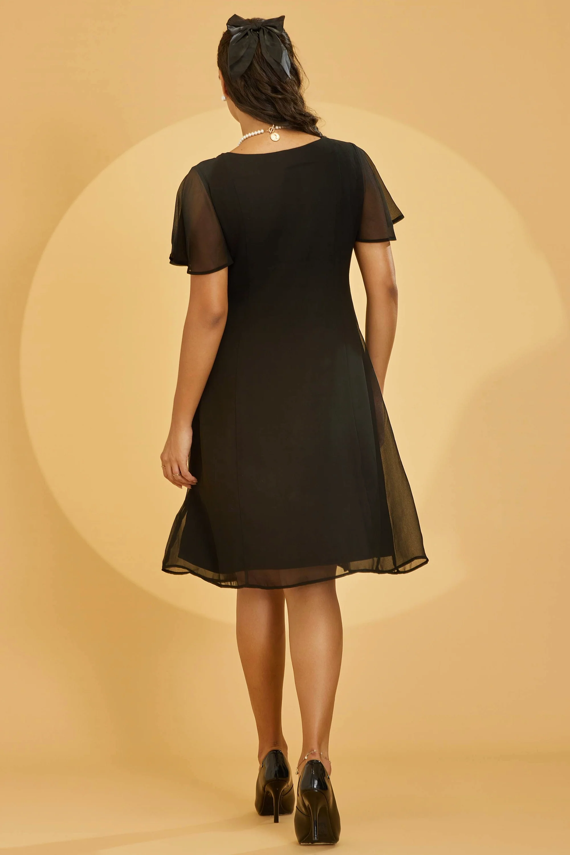 Urban Sundari Solid Crepe Knee Length A-Line Dress with Embroidered Button - Image 2