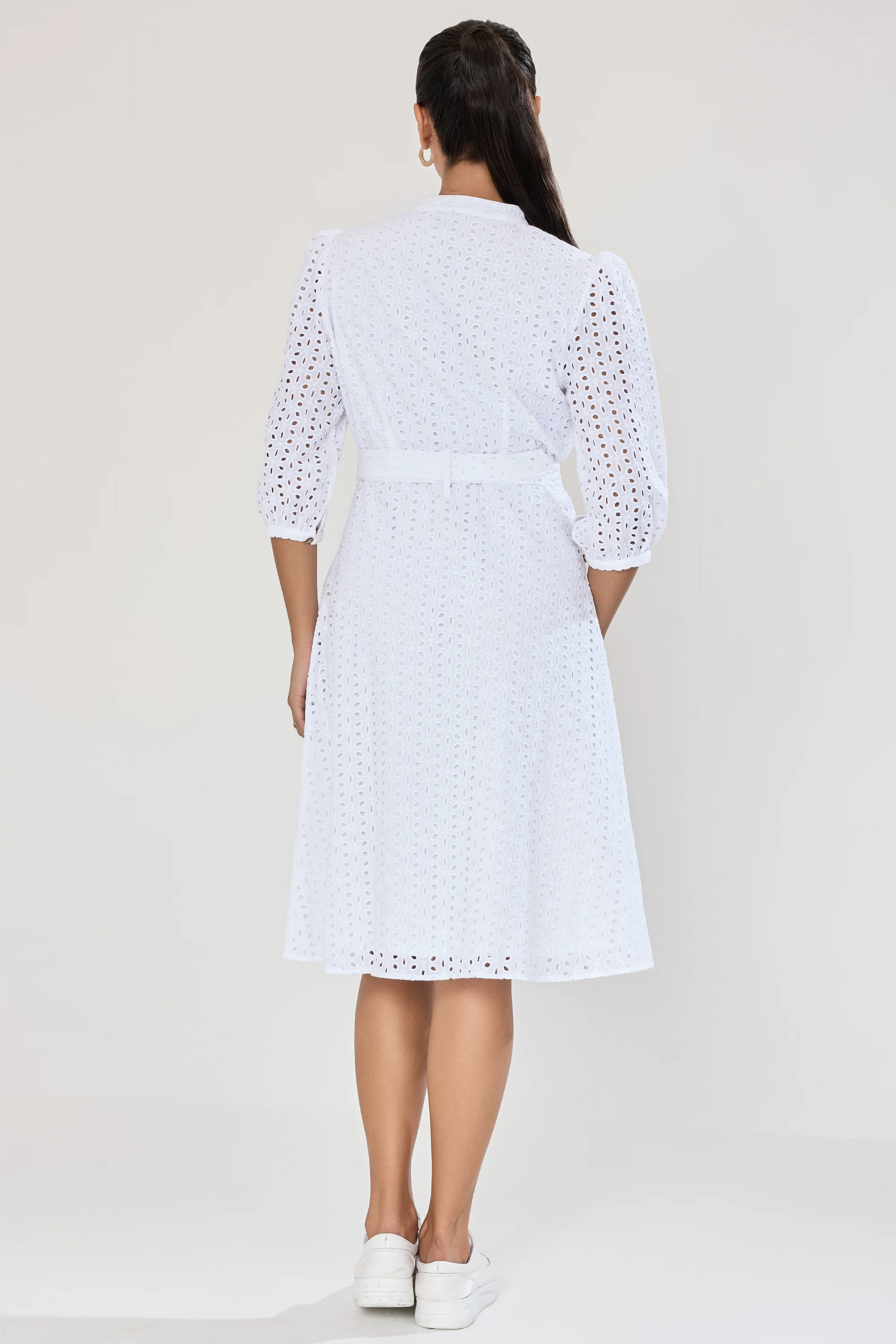 Urban Sundari Solid Schiffli Fit & Flare Dress with Belt Embellishment - Image 7