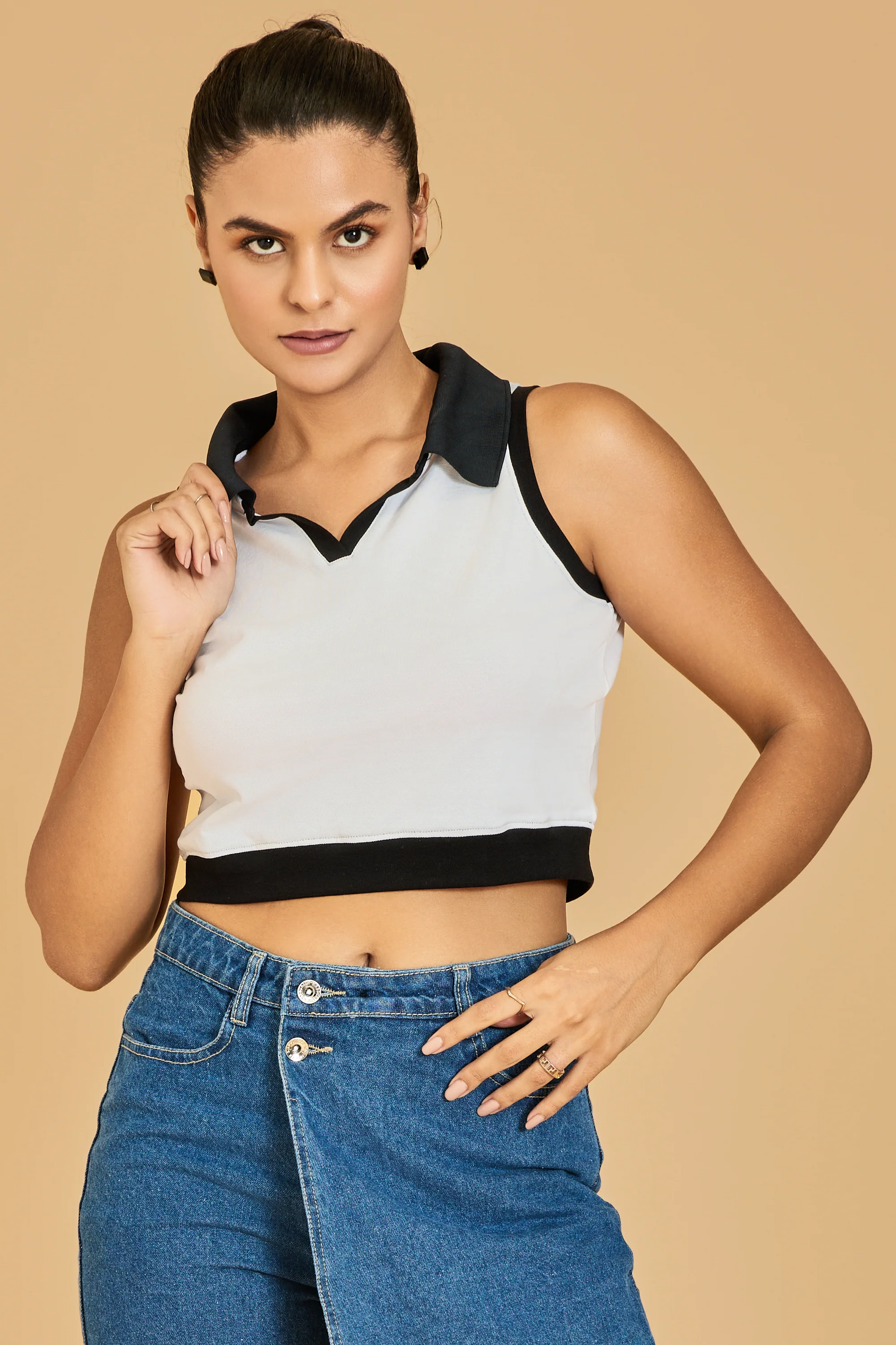 Urban Sundari Women's Colorblock Polo Neck Crop Top - Half Sleeves, Cotton Fabric - Image 6