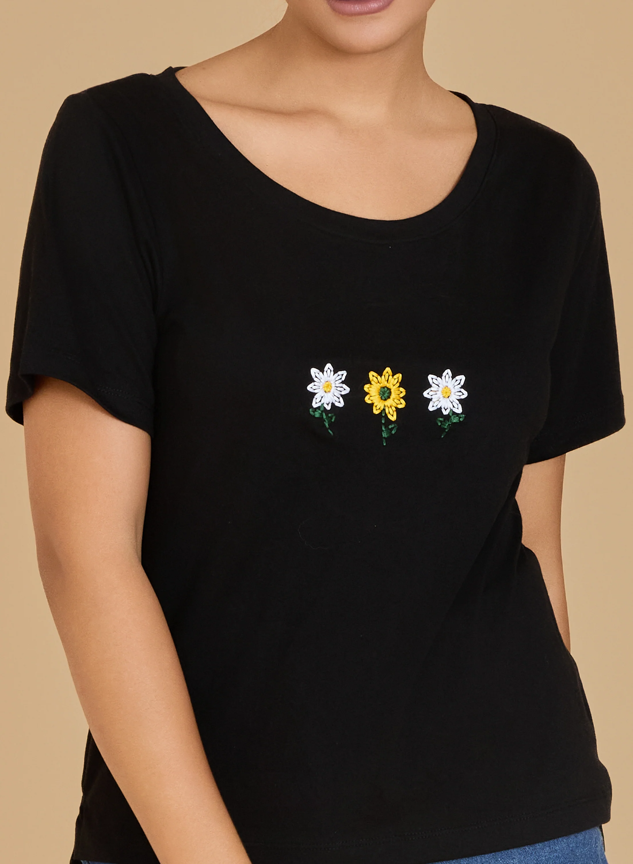 Urban Sundari Women's Cotton Blend Round Neck Half Sleeve T-Shirt with Front Flower Embroidery - Image 2