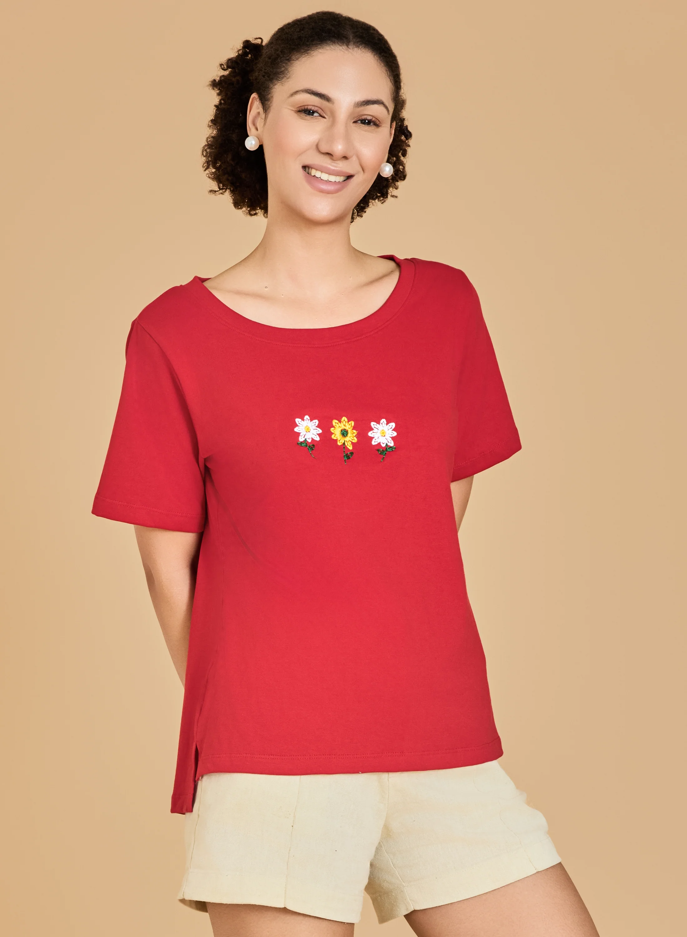 Urban Sundari Women's Cotton Blend Round Neck Half Sleeve T-Shirt with Front Flower Embroidery - Image 20