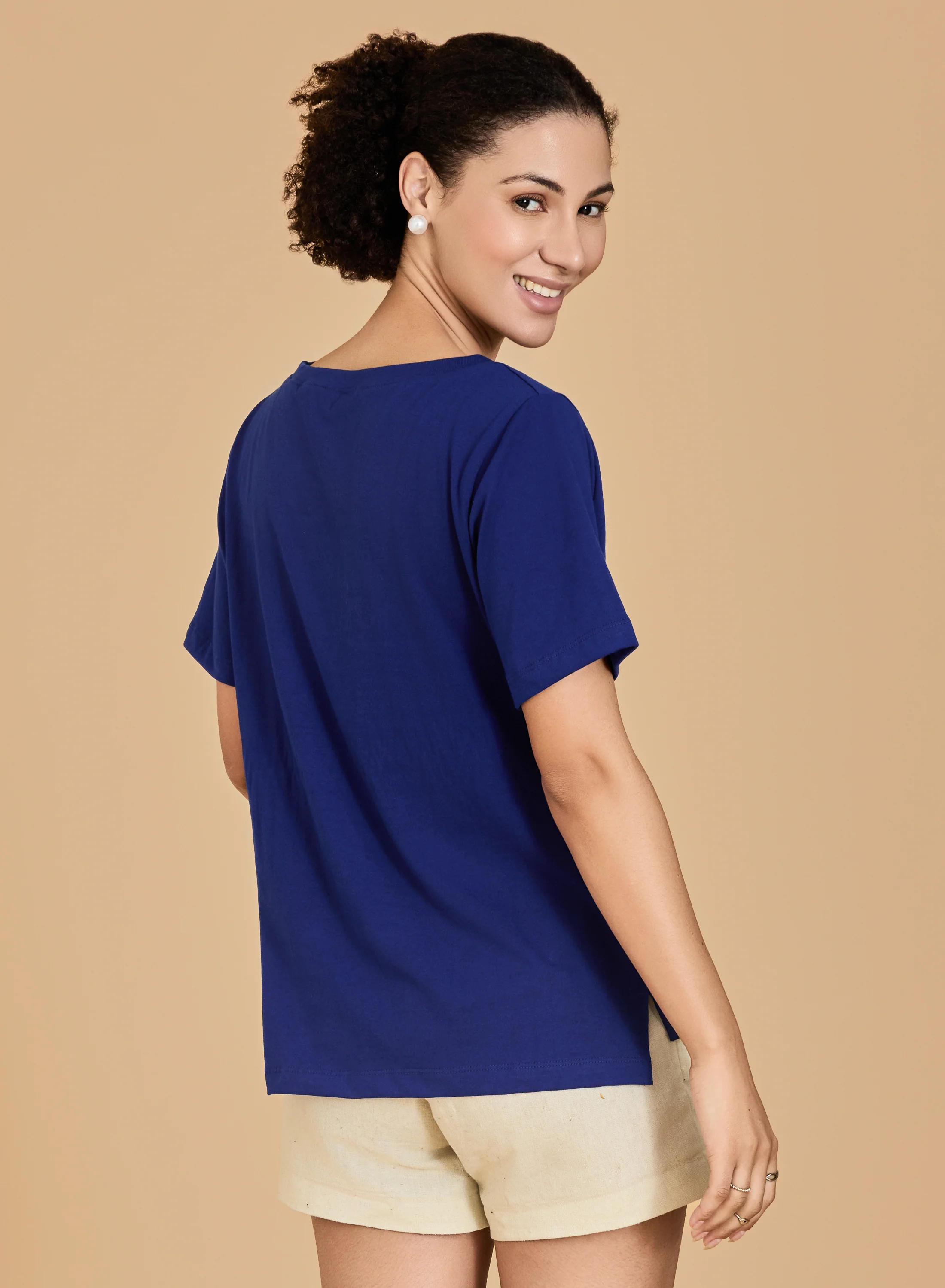 Urban Sundari Women's Cotton Blend Round Neck Half Sleeve T-Shirt with Front Flower Embroidery - Image 7