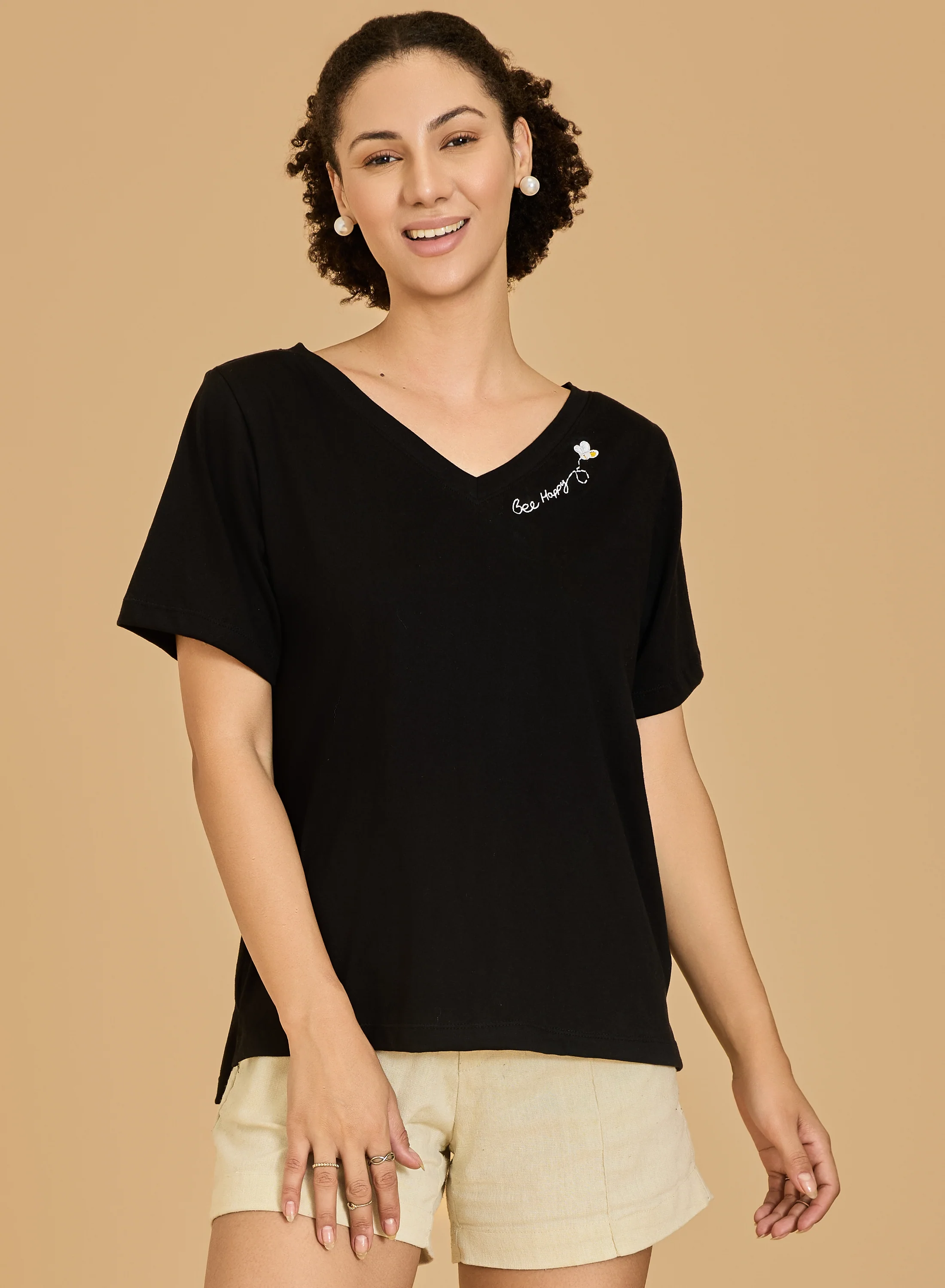 Urban Sundari Women's Cotton Blend V-Neck Half Sleeve T-Shirt with "Be Happy" Embroidery