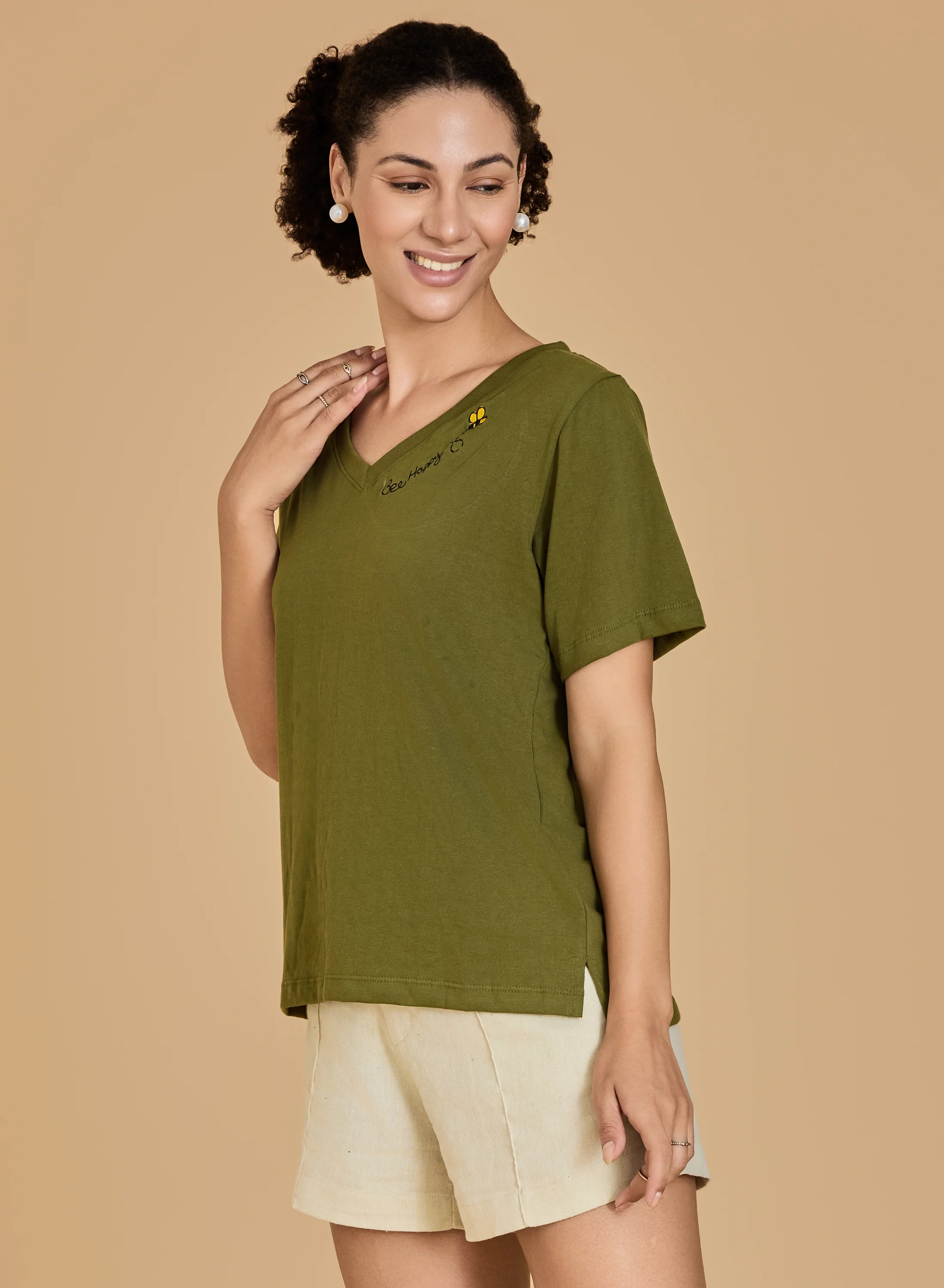 Urban Sundari Women's Cotton Blend V-Neck Half Sleeve T-Shirt with "Be Happy" Embroidery - Image 10