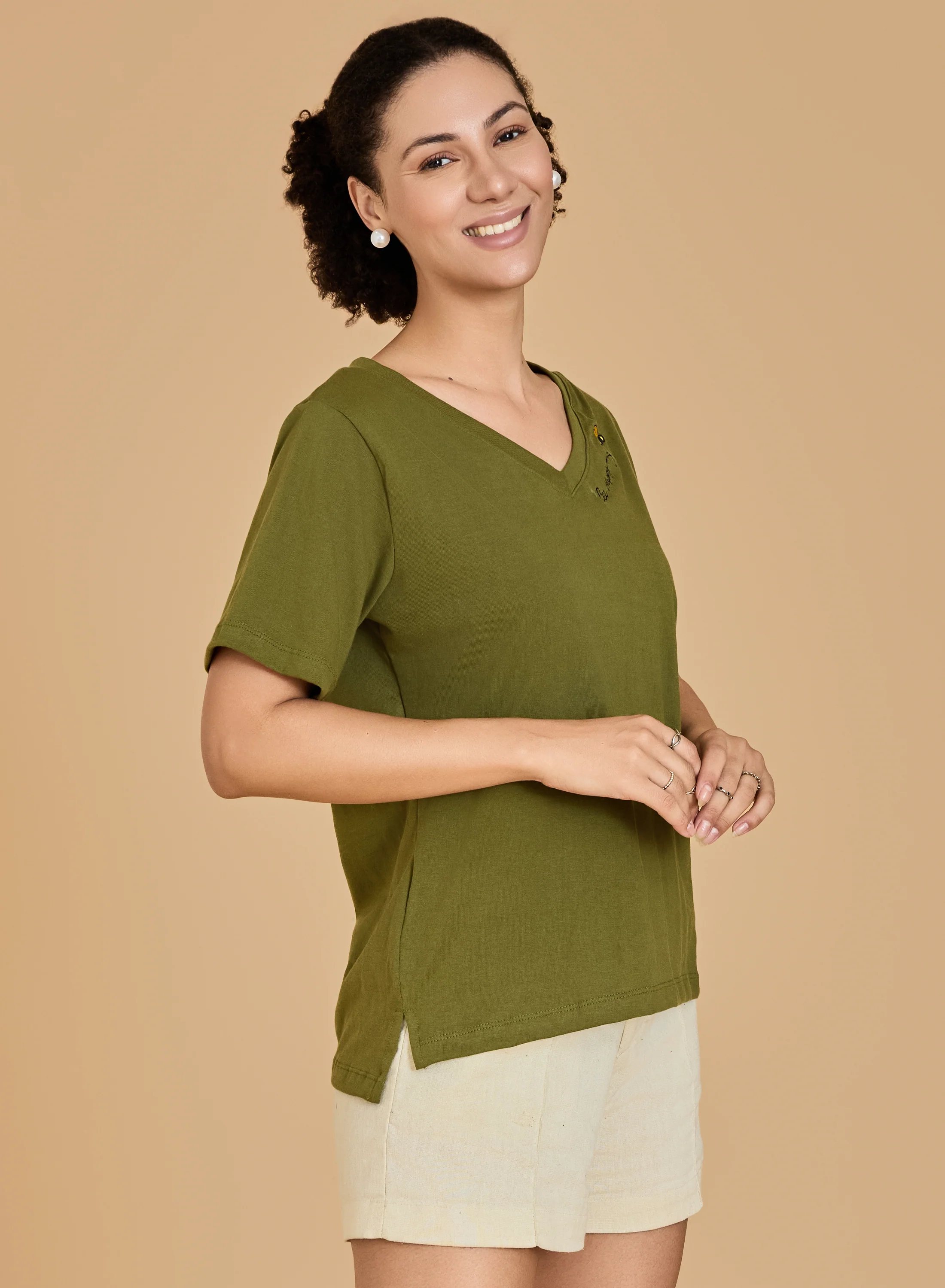 Urban Sundari Women's Cotton Blend V-Neck Half Sleeve T-Shirt with "Be Happy" Embroidery - Image 11