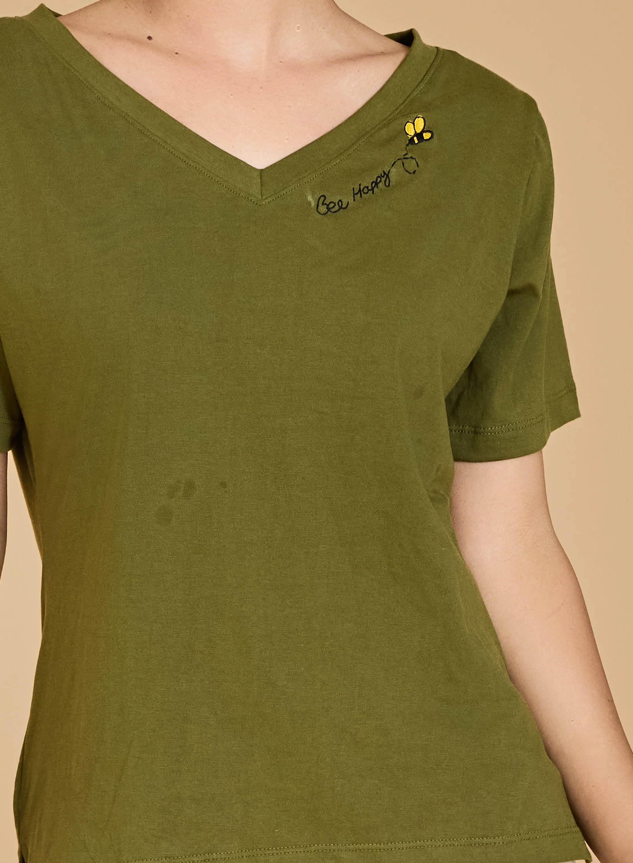 Urban Sundari Women's Cotton Blend V-Neck Half Sleeve T-Shirt with "Be Happy" Embroidery - Image 12