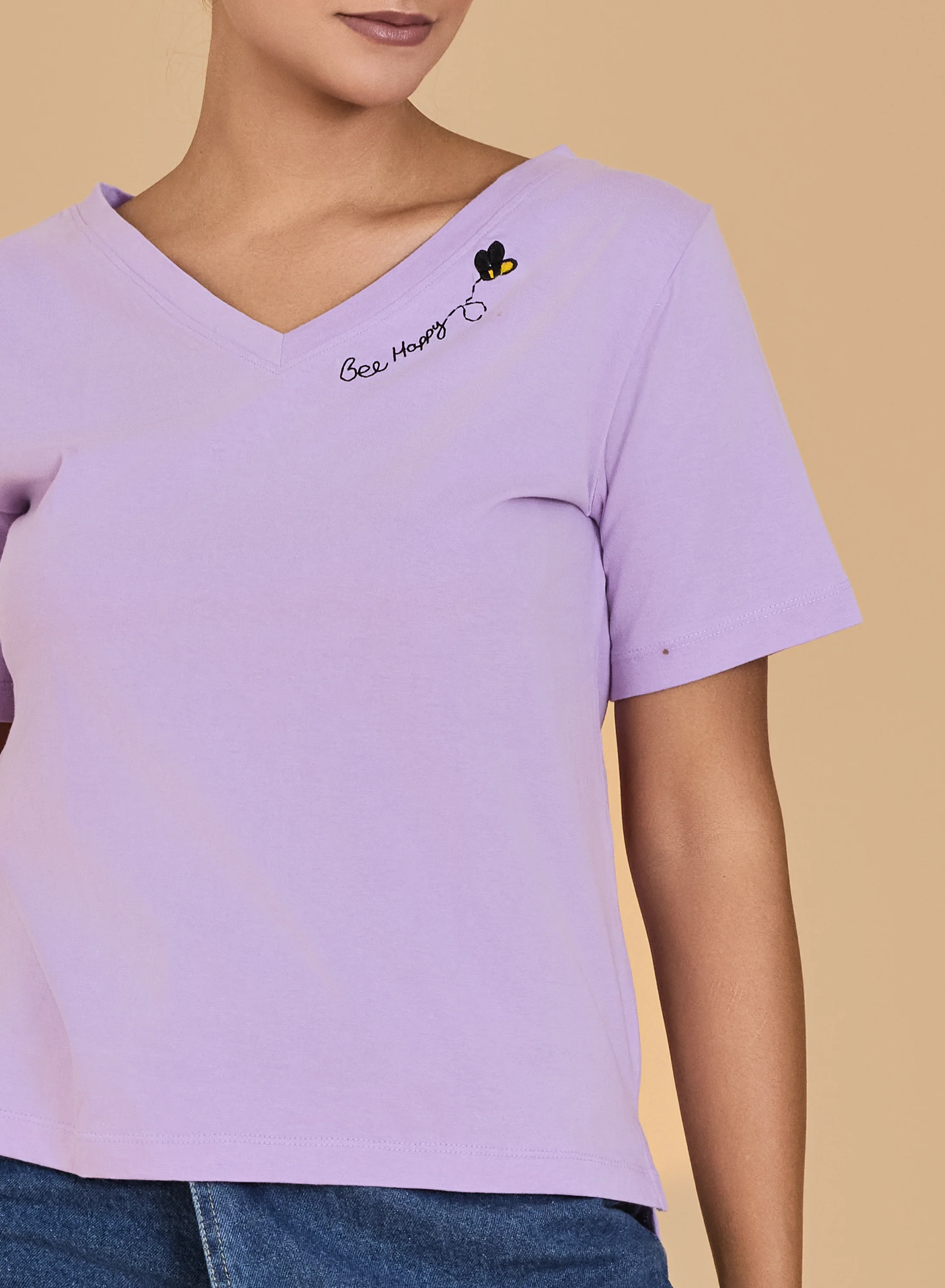 Urban Sundari Women's Cotton Blend V-Neck Half Sleeve T-Shirt with "Be Happy" Embroidery - Image 17