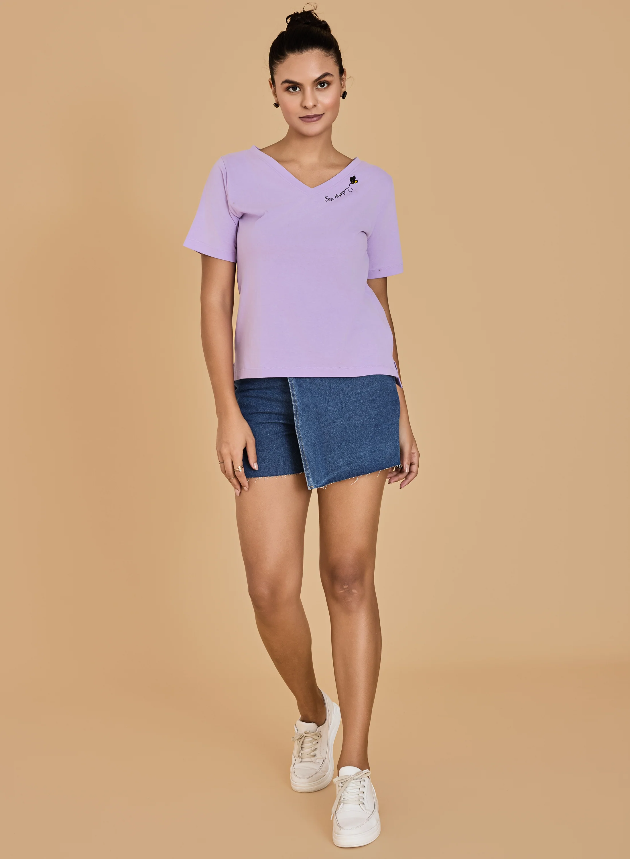 Urban Sundari Women's Cotton Blend V-Neck Half Sleeve T-Shirt with "Be Happy" Embroidery - Image 18