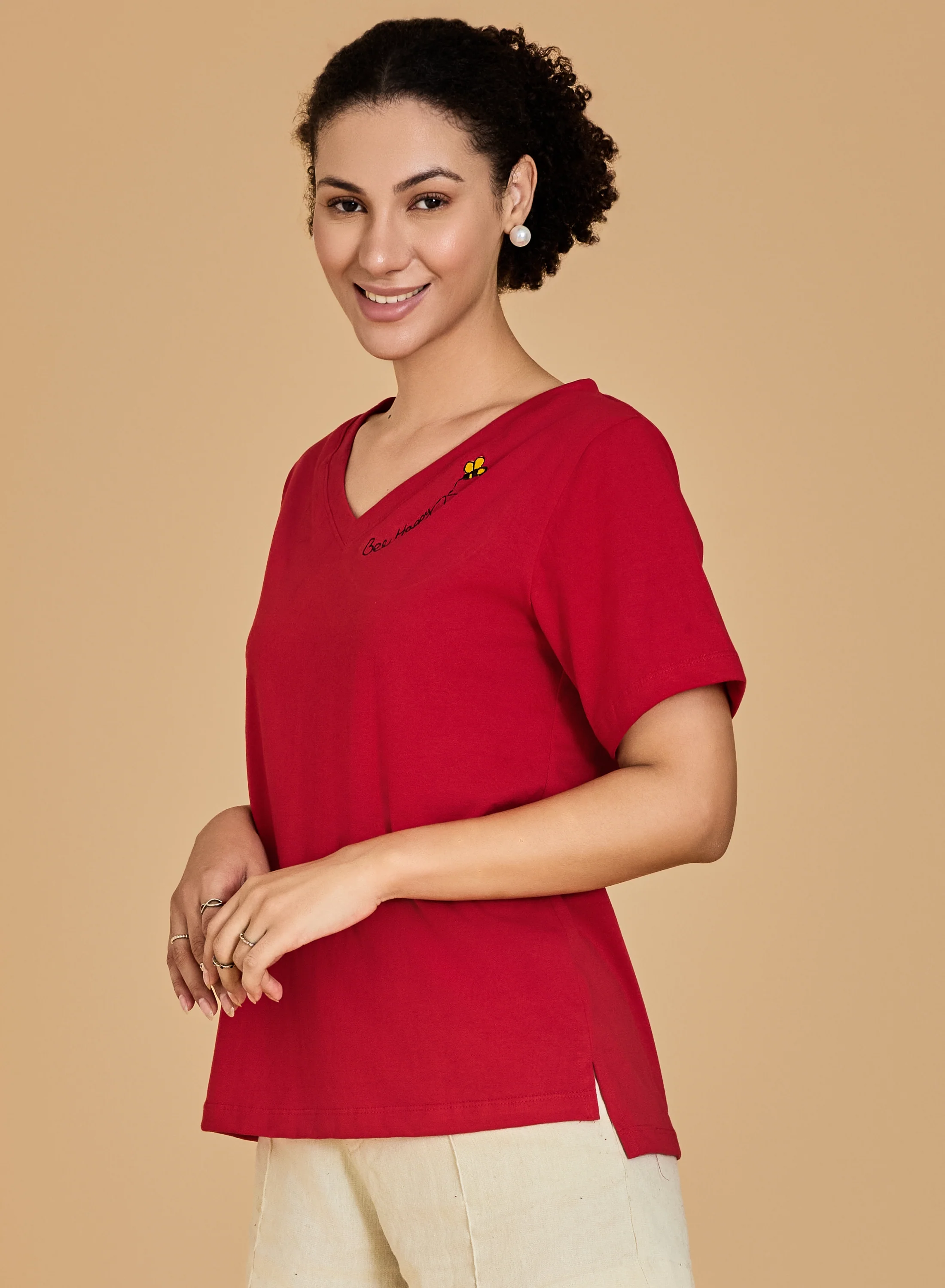 Urban Sundari Women's Cotton Blend V-Neck Half Sleeve T-Shirt with "Be Happy" Embroidery - Image 20