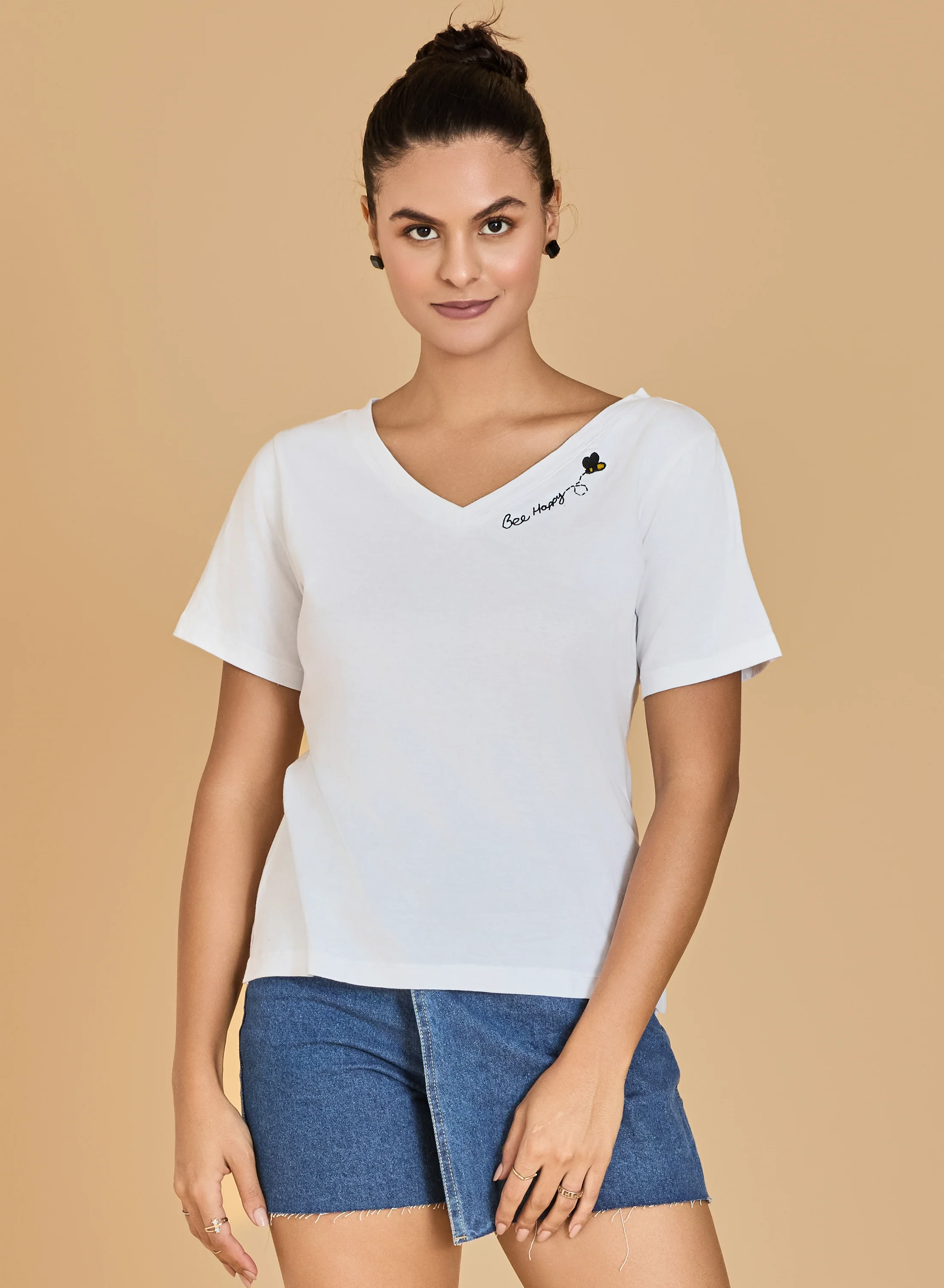 Urban Sundari Women's Cotton Blend V-Neck Half Sleeve T-Shirt with "Be Happy" Embroidery - Image 22