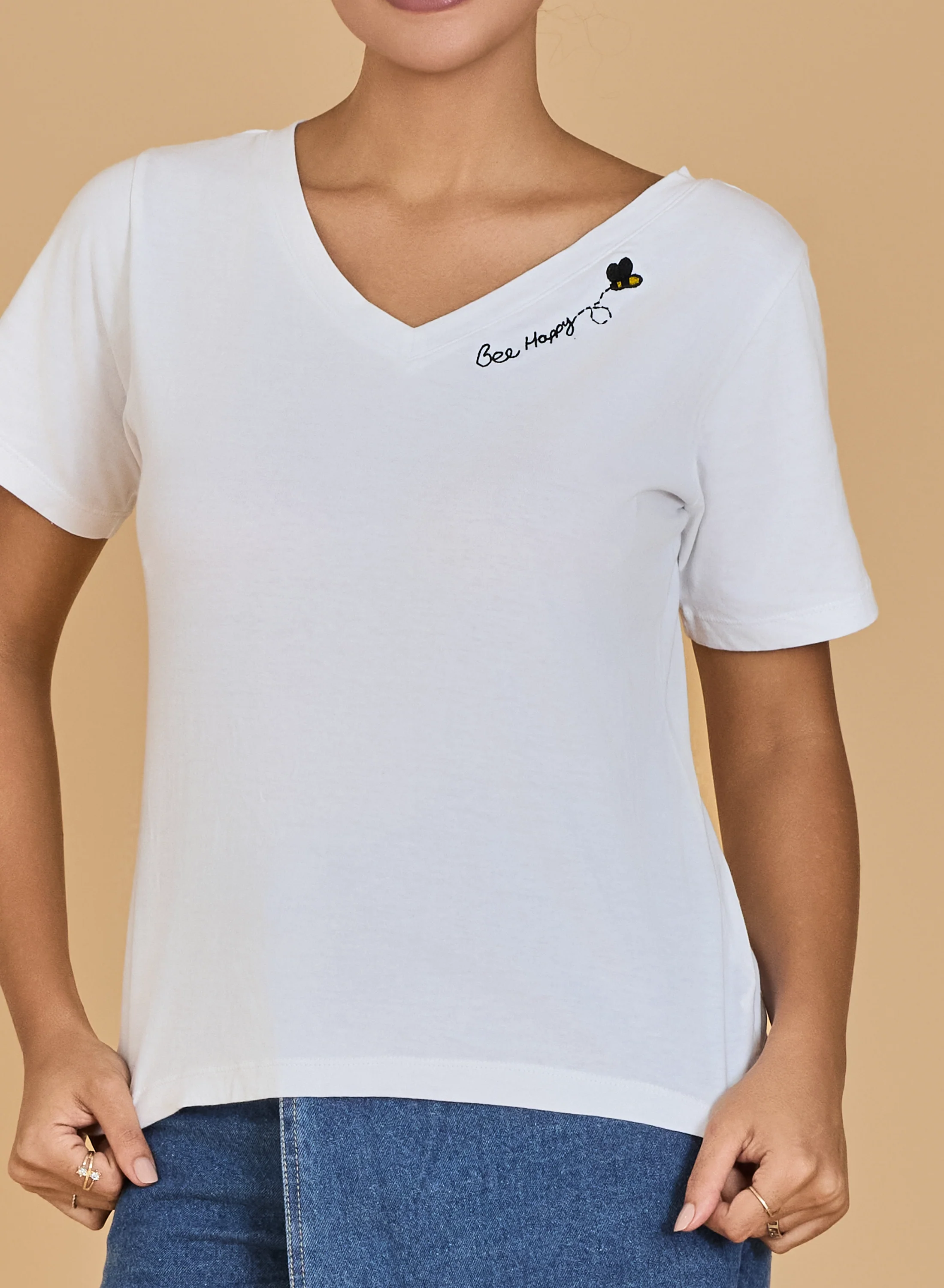 Urban Sundari Women's Cotton Blend V-Neck Half Sleeve T-Shirt with "Be Happy" Embroidery - Image 25