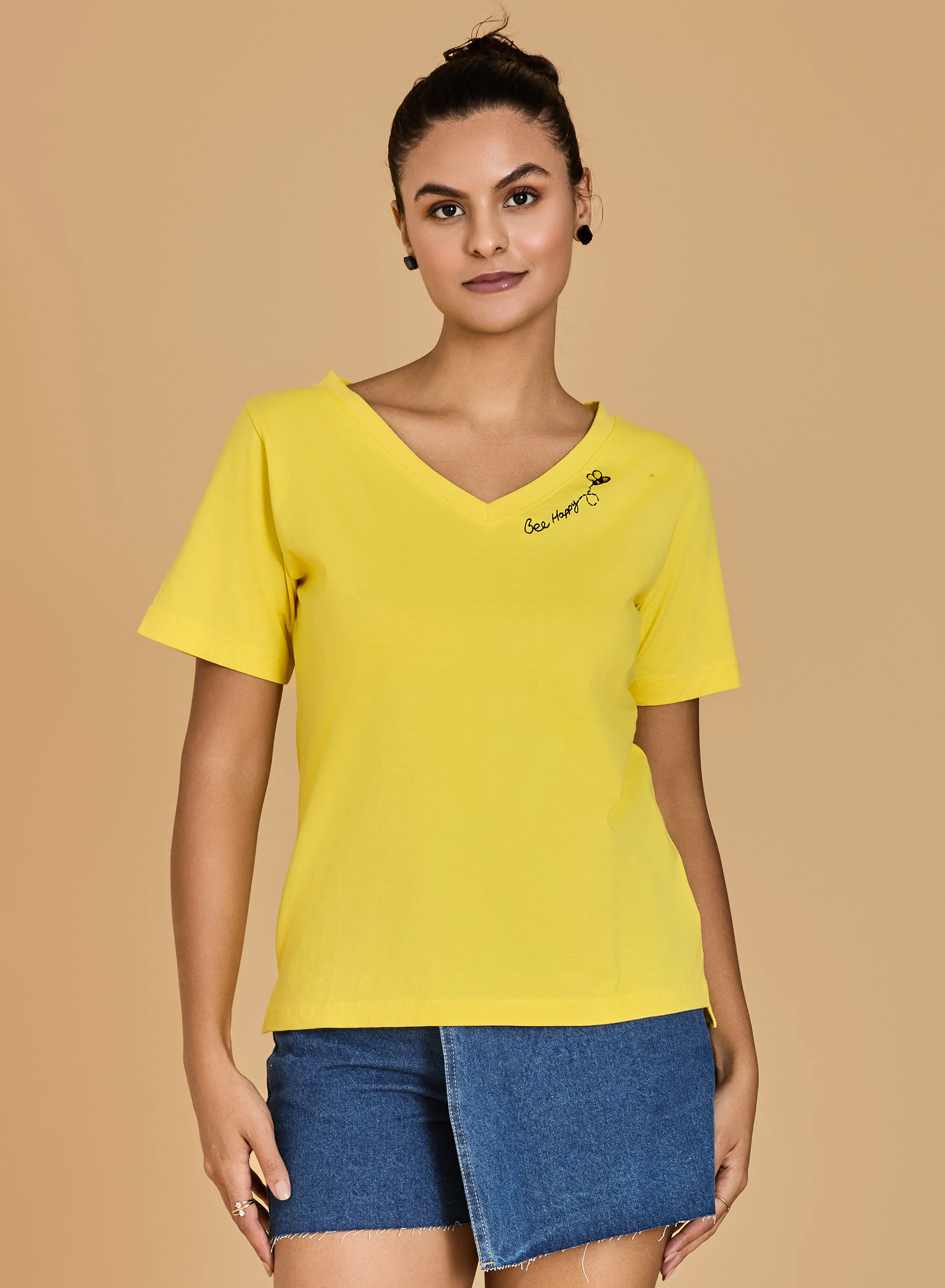 Urban Sundari Women's Cotton Blend V-Neck Half Sleeve T-Shirt with "Be Happy" Embroidery - Image 27