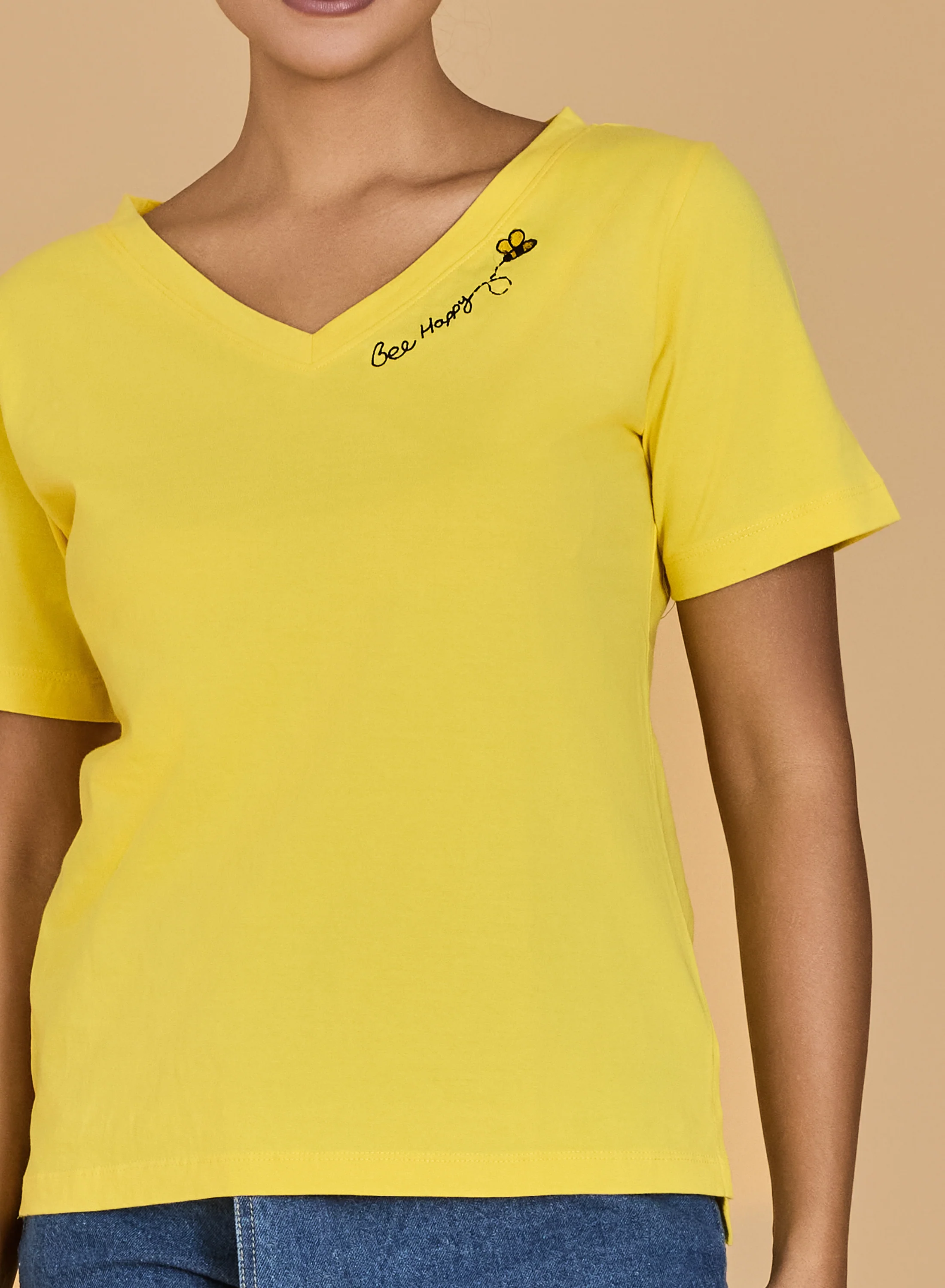 Urban Sundari Women's Cotton Blend V-Neck Half Sleeve T-Shirt with "Be Happy" Embroidery - Image 30