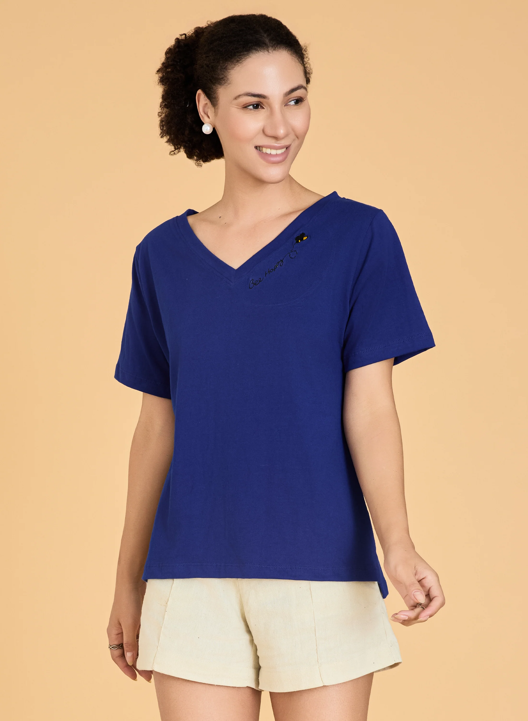 Urban Sundari Women's Cotton Blend V-Neck Half Sleeve T-Shirt with "Be Happy" Embroidery - Image 6