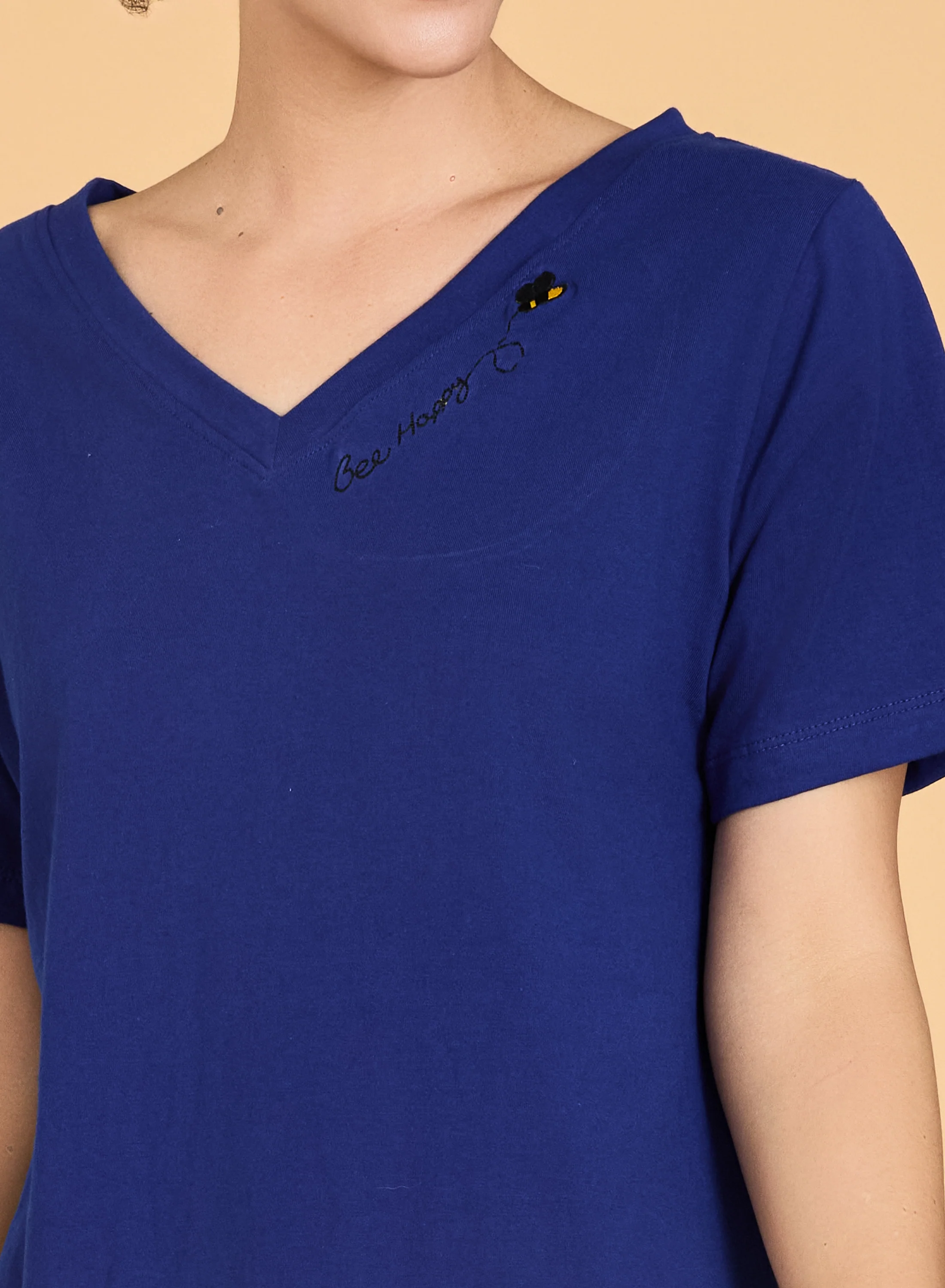 Urban Sundari Women's Cotton Blend V-Neck Half Sleeve T-Shirt with "Be Happy" Embroidery - Image 8