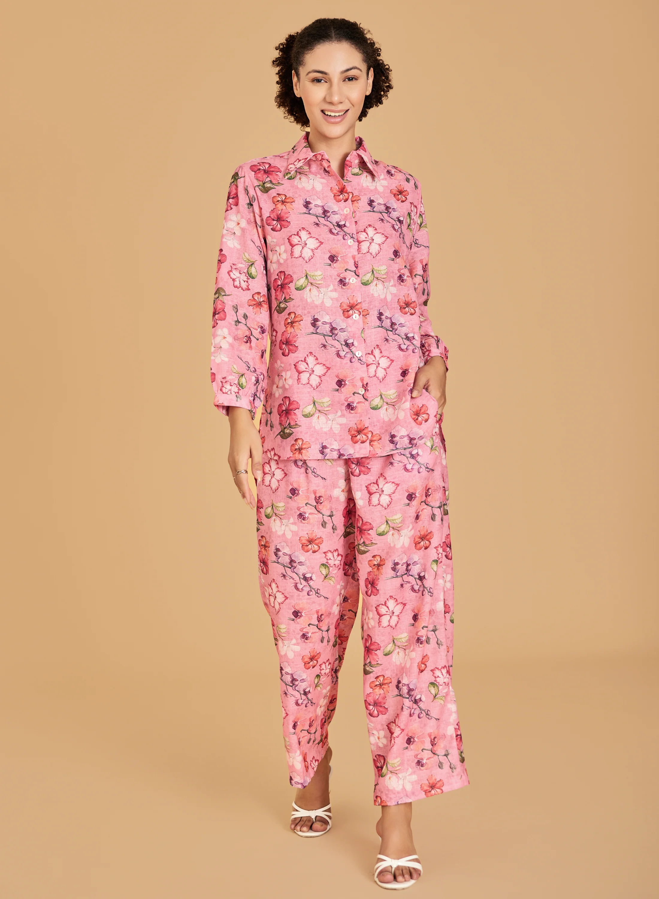 Urban Sundari Women's Cotton Floral Printed Co-ord Set with Shirt and Trousers