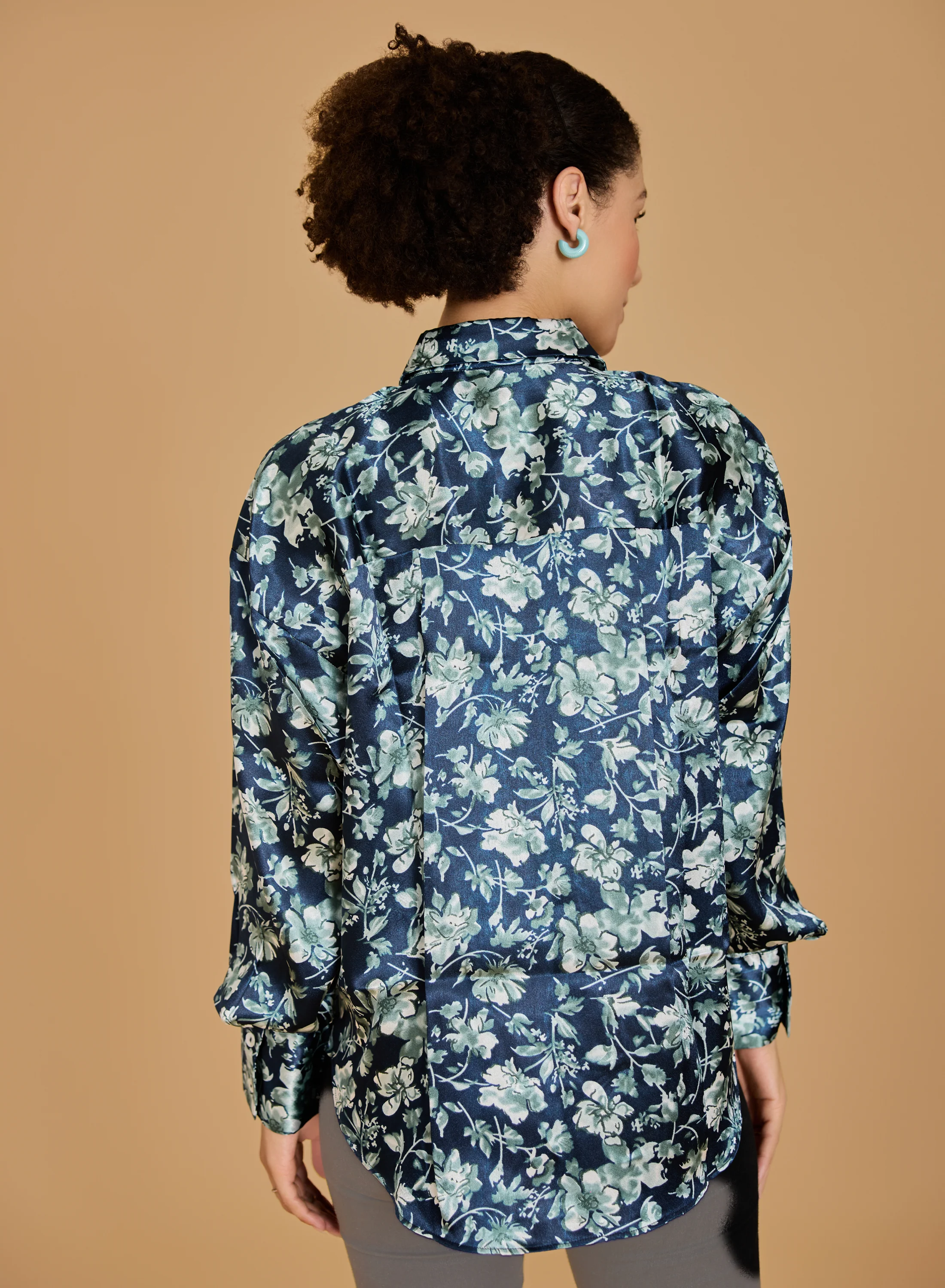 Urban Sundari Women's Floral Printed Satin Shirt with Spread Collar and Long Sleeves - Image 2