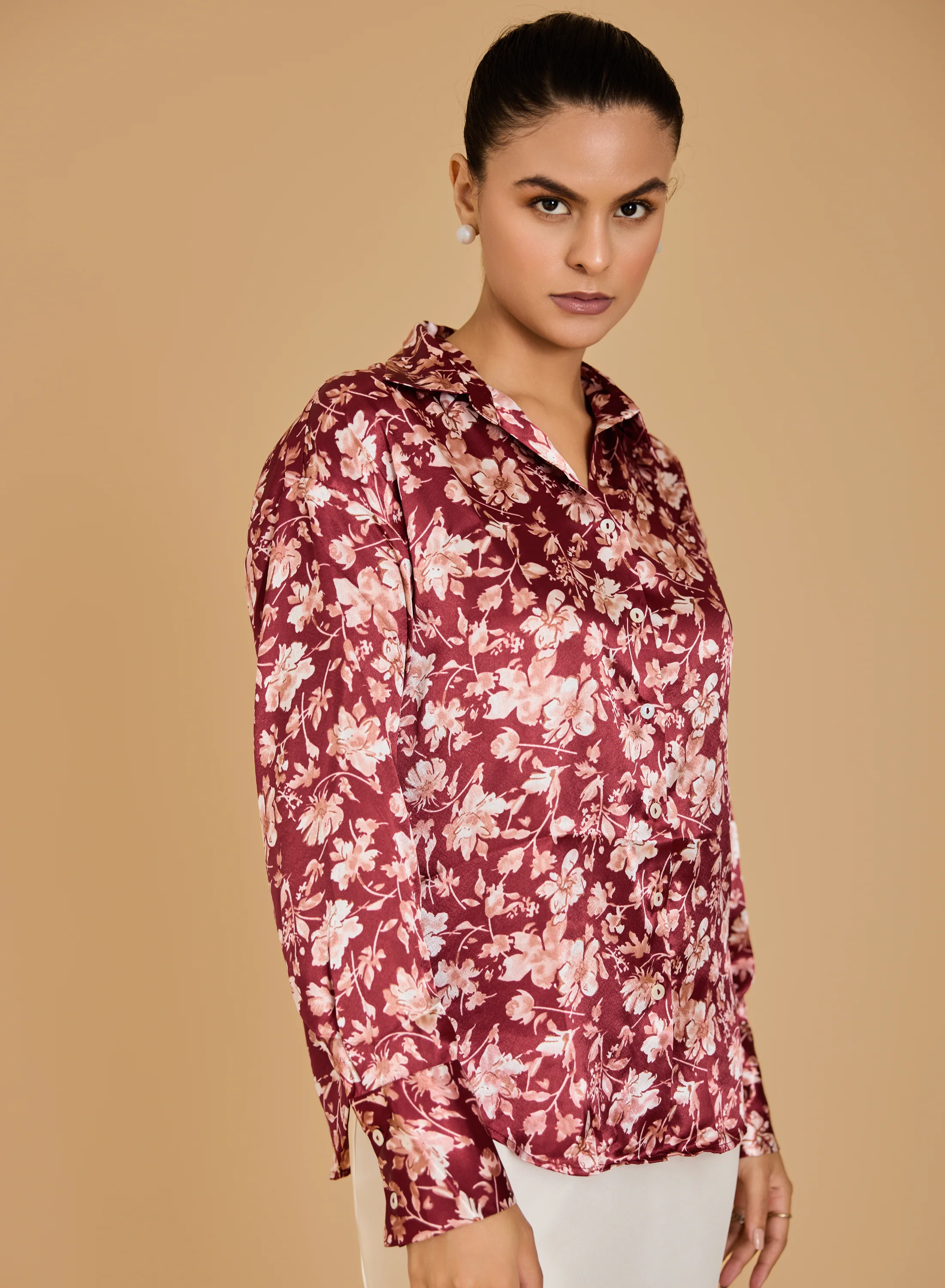 Urban Sundari Women's Floral Printed Satin Shirt with Spread Collar and Long Sleeves - Image 8