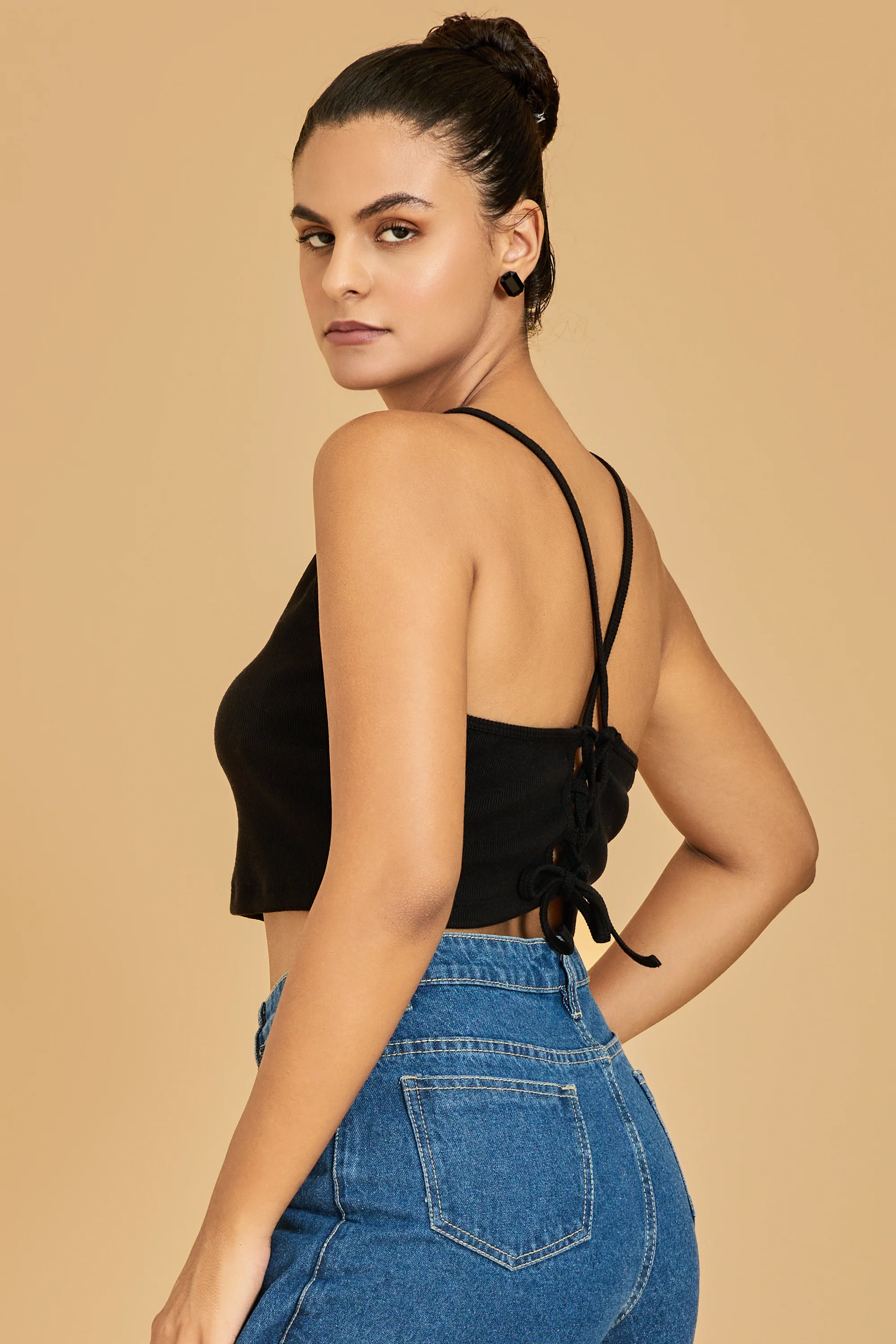 Urban Sundari Women's Solid Cotton Crop Top with Shoulder Straps and Back Tie-Ups - Image 3