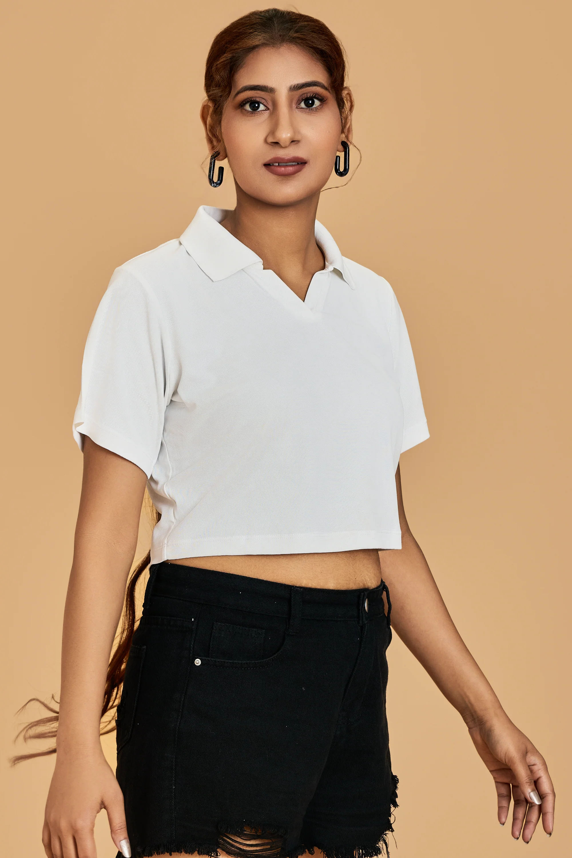 Urban Sundari Women's Solid Cotton Polo Neck Crop Top with Half Sleeves