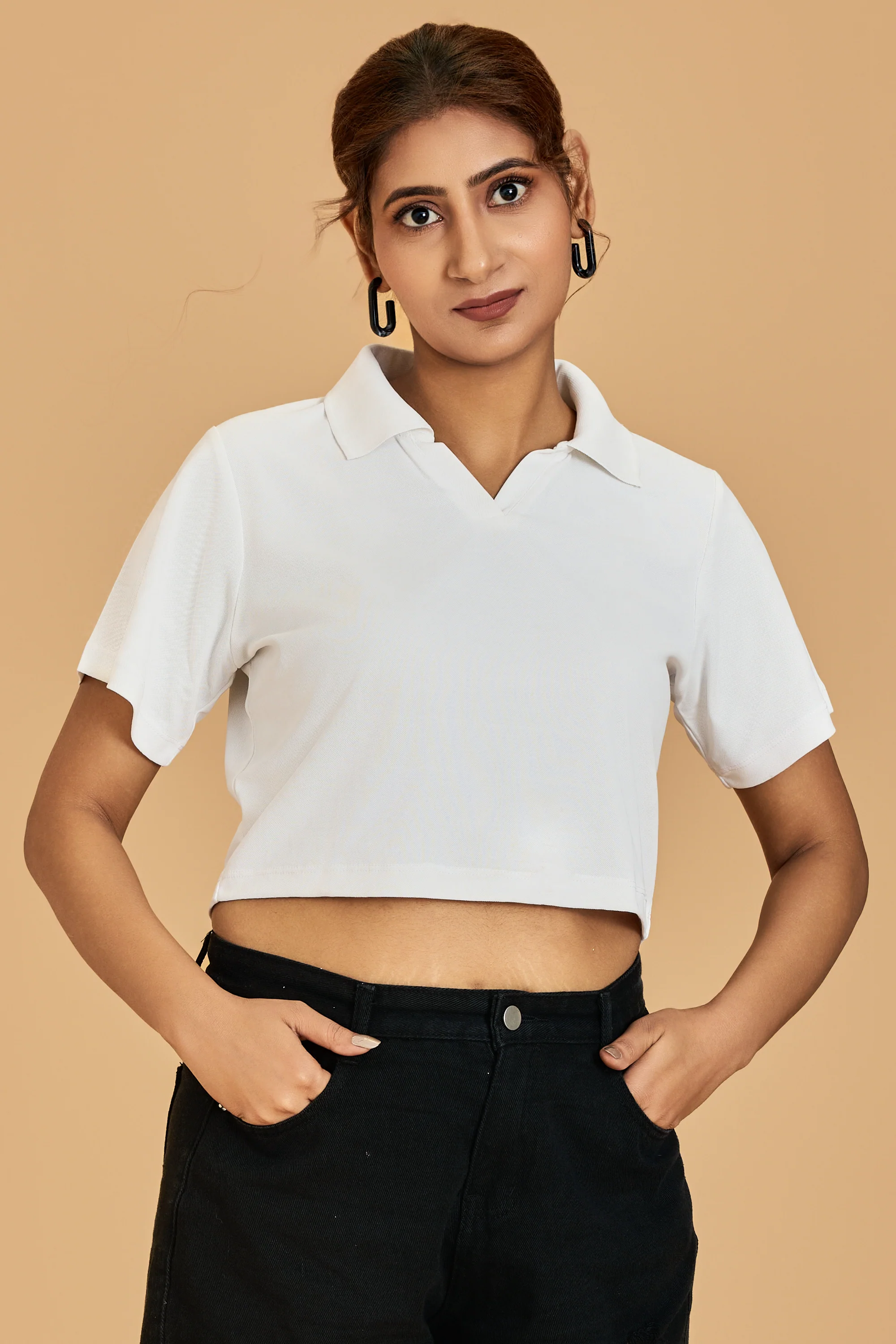 Urban Sundari Women's Solid Cotton Polo Neck Crop Top with Half Sleeves - Image 4