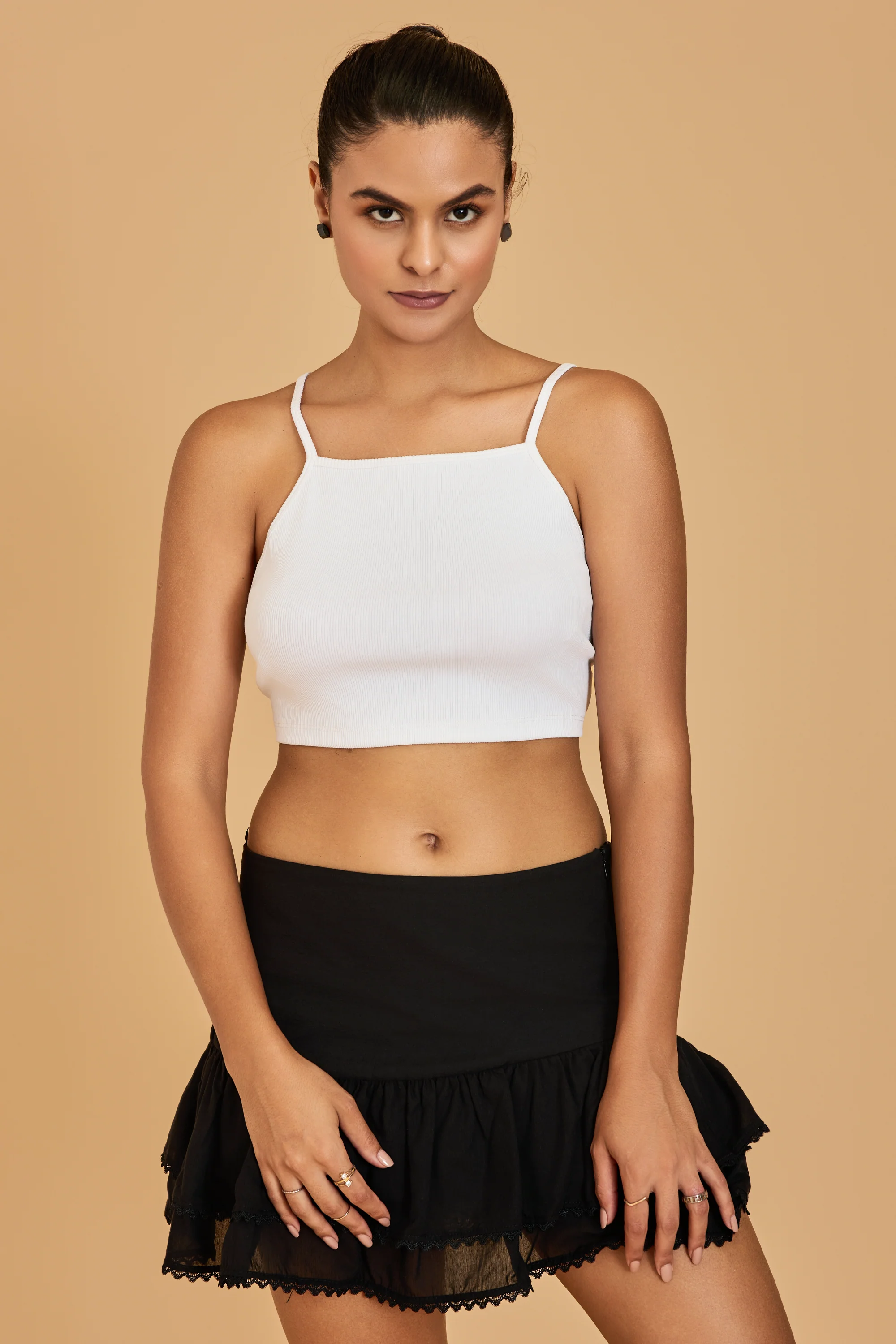Urban Sundari Women's Solid Cotton Rib Crop Top with Shoulder Straps and Back Tie-Knot - Image 16