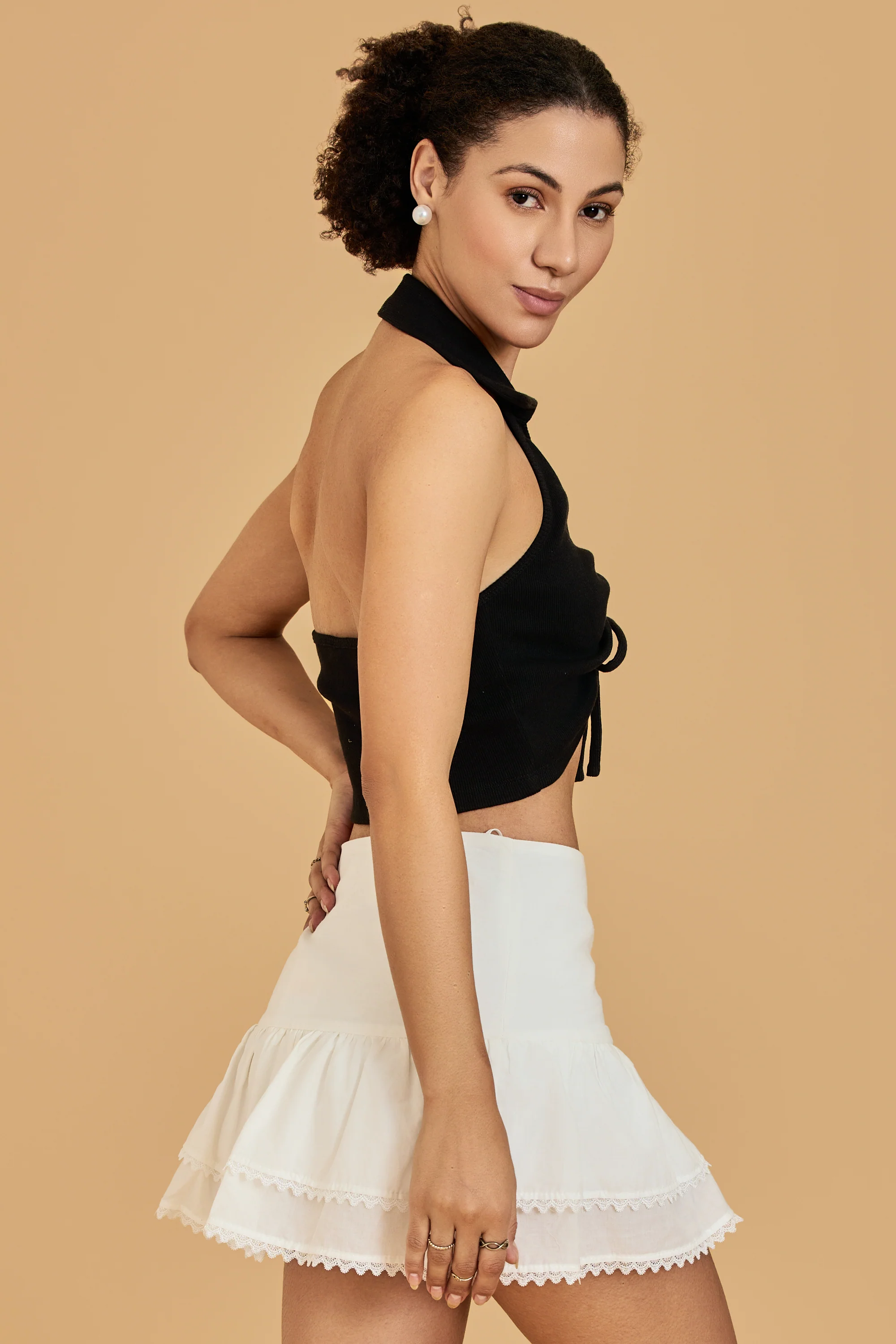 Urban Sundari Women's Solid Cotton Rib Halter Neck Crop Top with Front Ruched Detail - Image 3