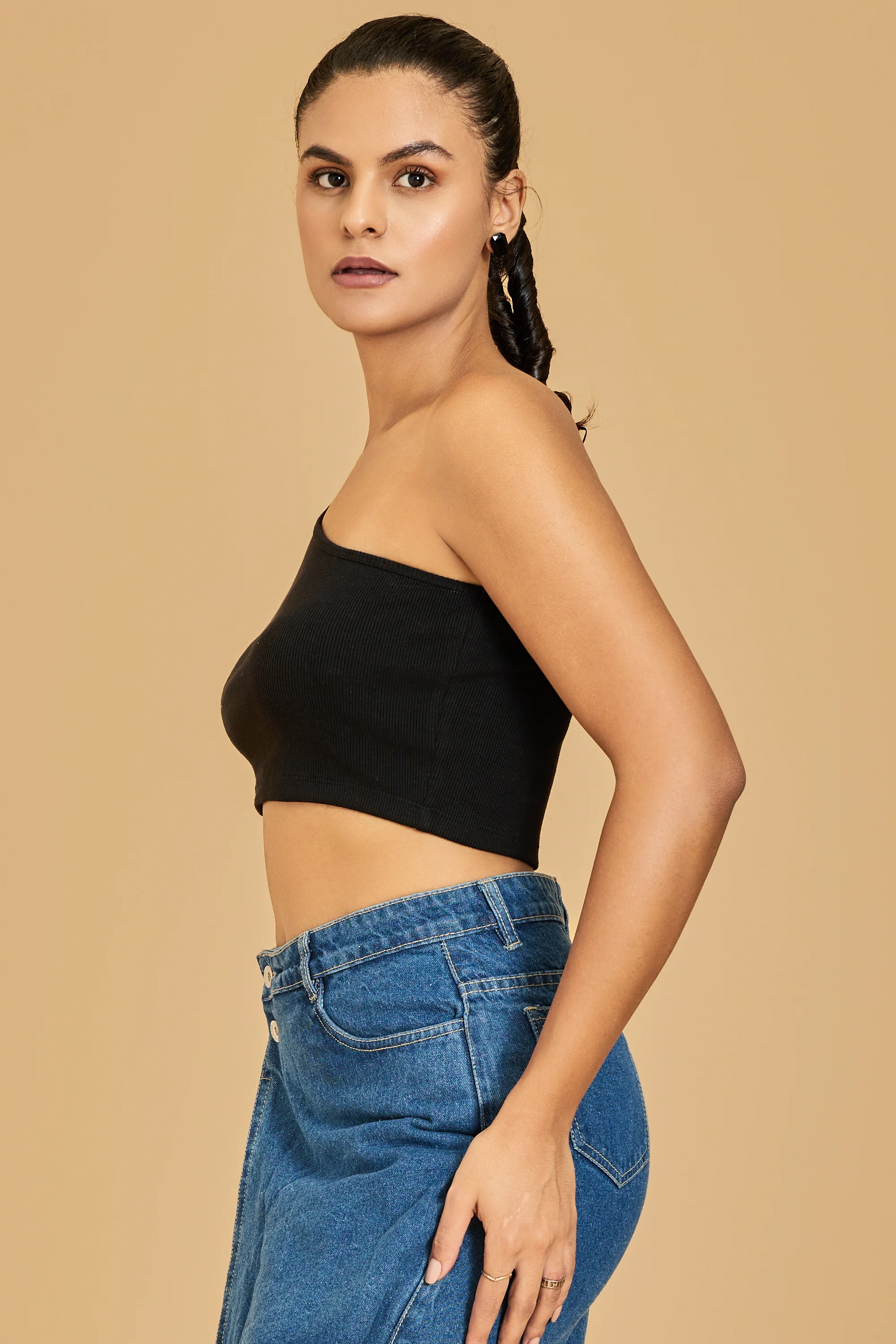 Urban Sundari Women's Solid Cotton Rib One Shoulder Crop Top with Shoulder Cut-Out Design - Image 3