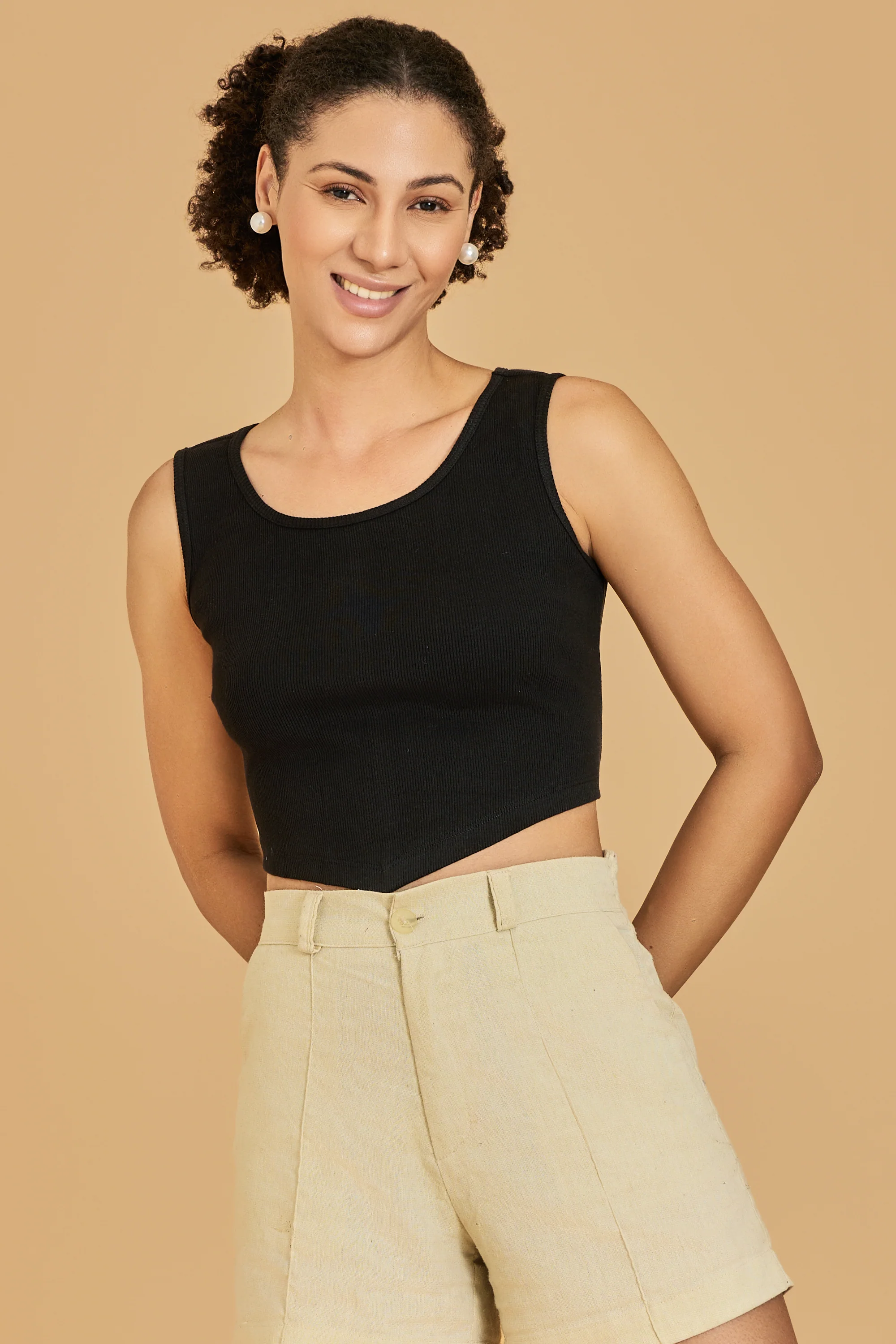 Urban Sundari Women's Solid Cotton Rib Scoop Neck Crop Top