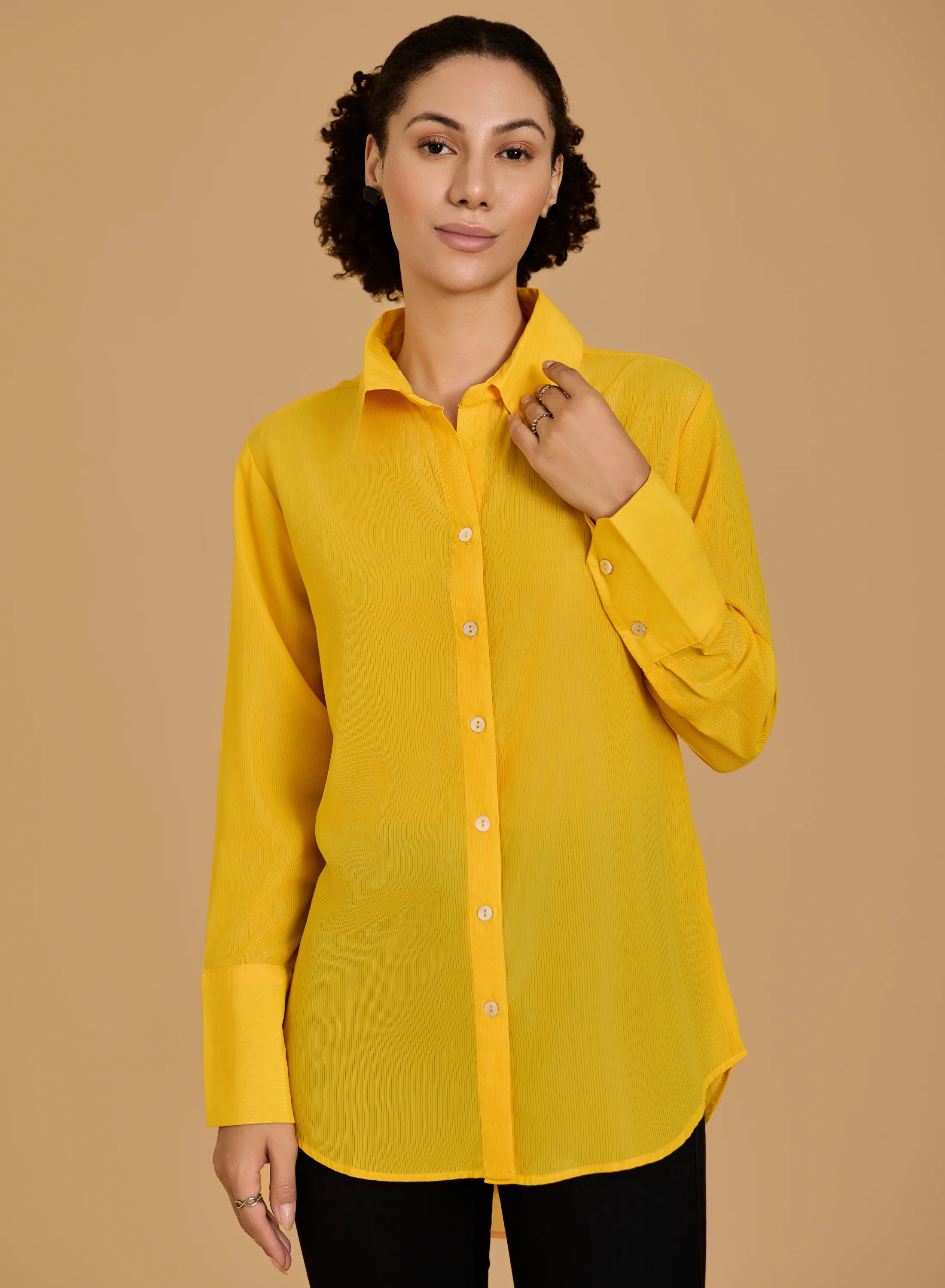 Urban Sundari Women's Solid Cotton Shimmer Shirt with Spread Collar and Curved Hemline - Image 10