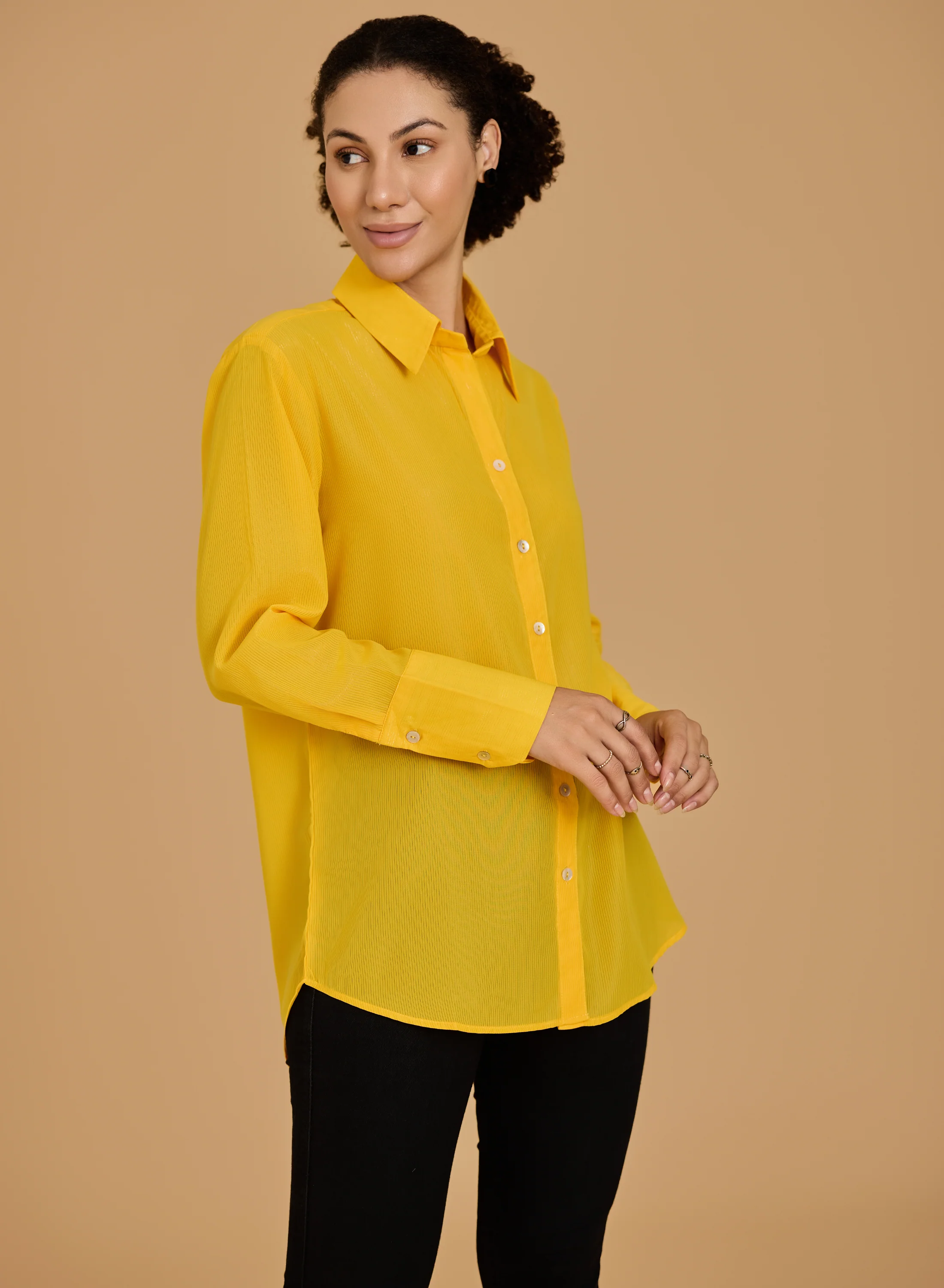 Urban Sundari Women's Solid Cotton Shimmer Shirt with Spread Collar and Curved Hemline - Image 14