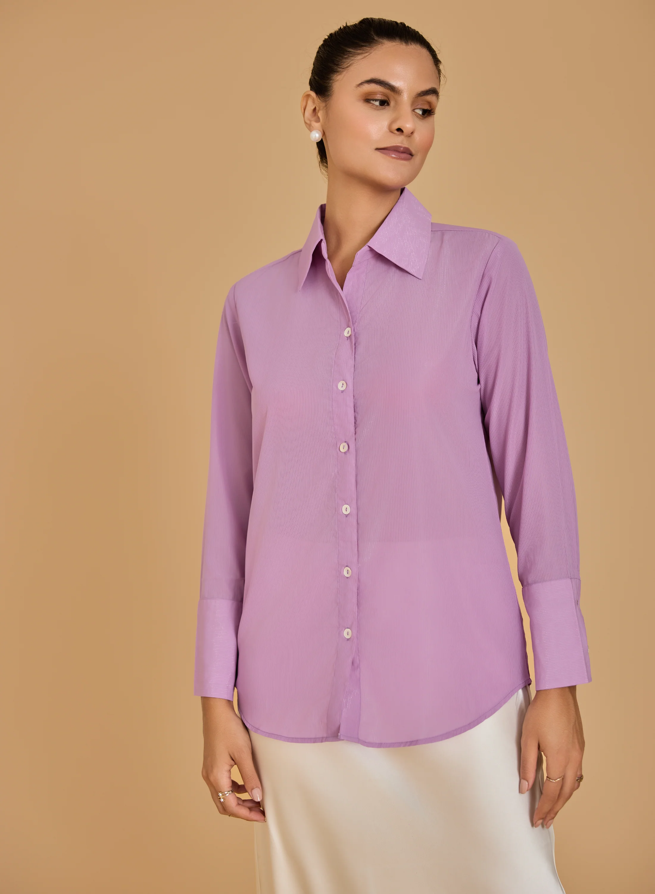 Urban Sundari Women's Solid Cotton Shimmer Shirt with Spread Collar and Curved Hemline - Image 4