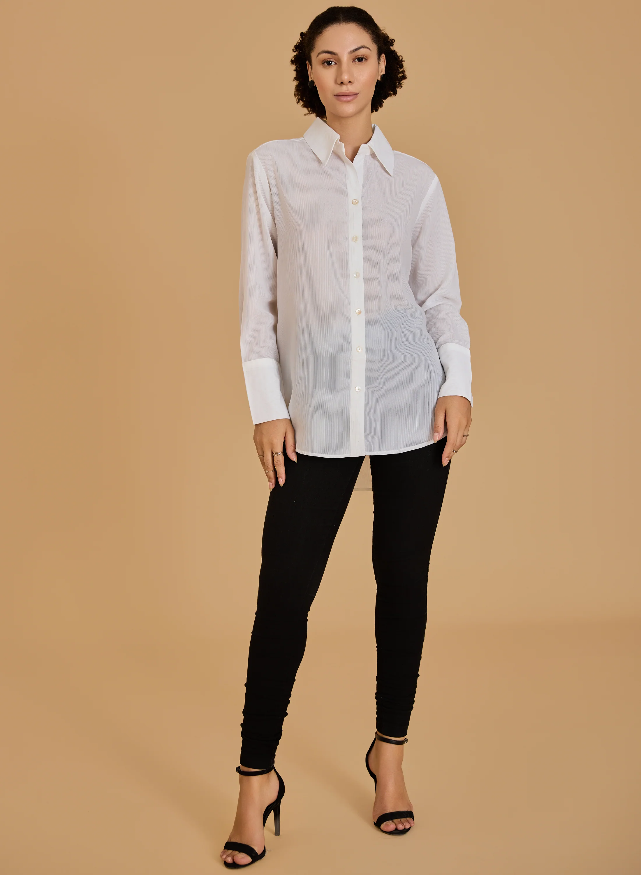 Urban Sundari Women's Solid Cotton Shimmer Shirt with Spread Collar and Curved Hemline - Image 9