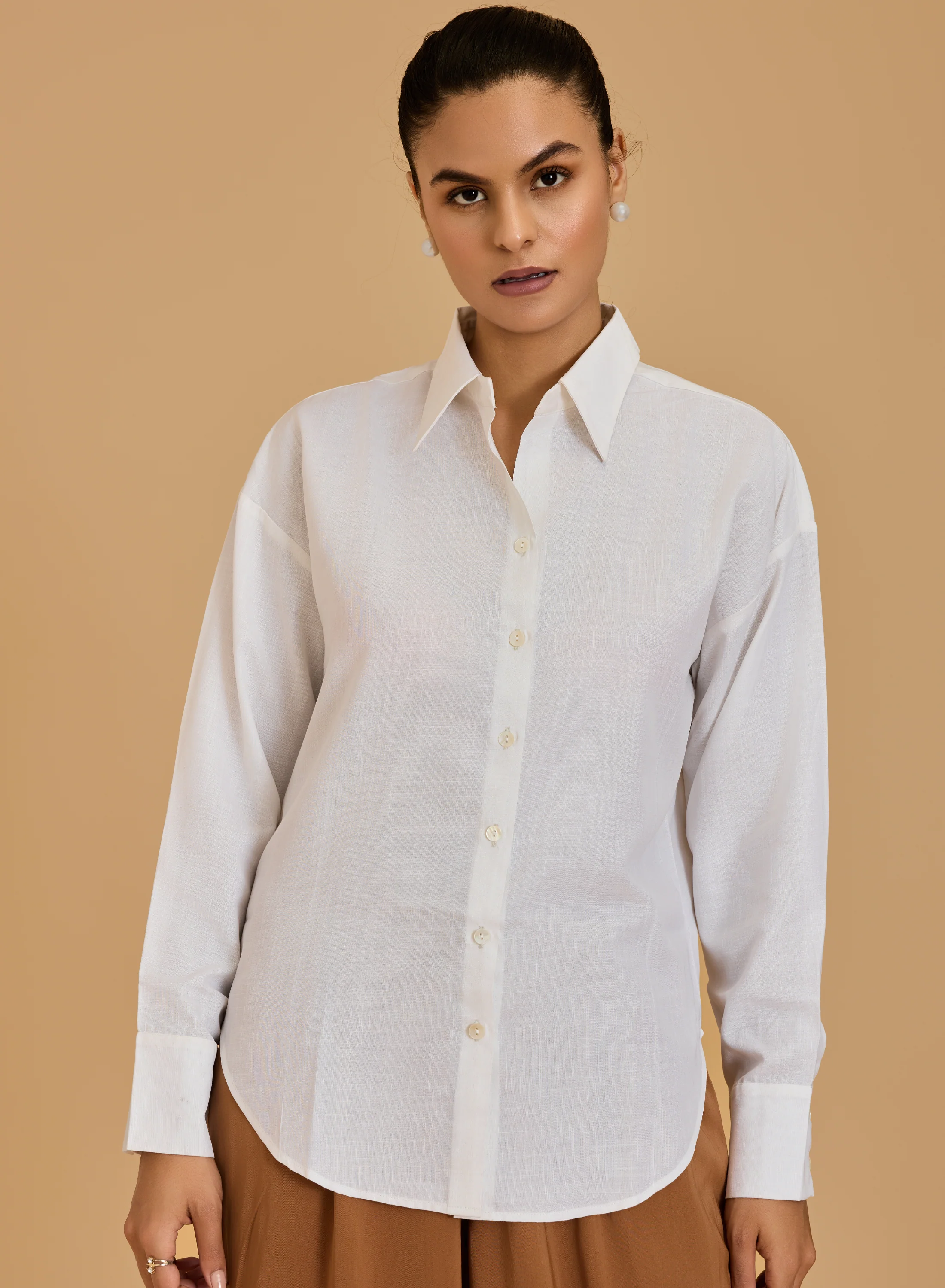 Urban Sundari Women's Solid Cotton Shirt with Shirt Collar and Curved Hemline - Image 15