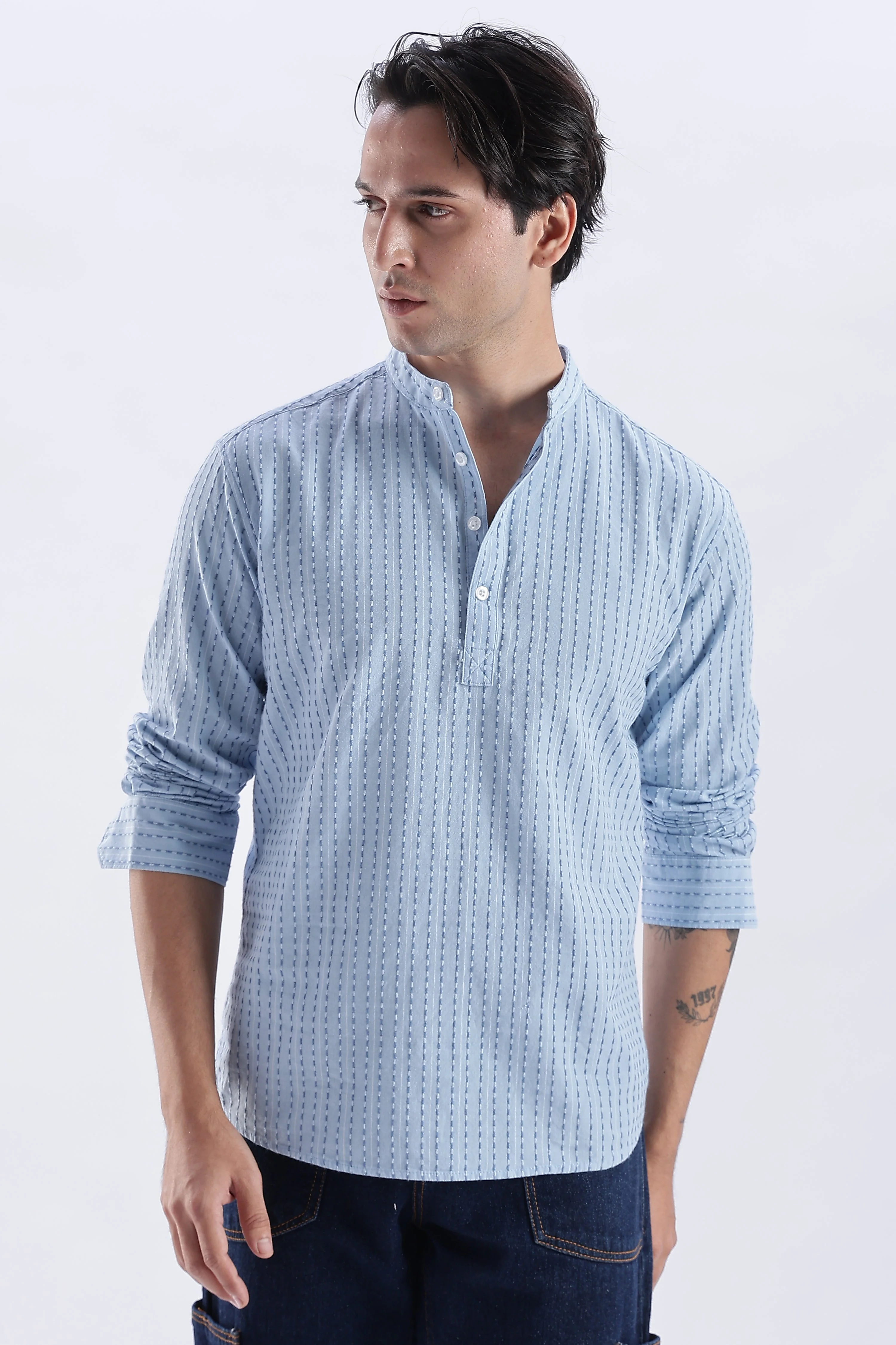 Uri Azure Dobby Stripe Short Kurta