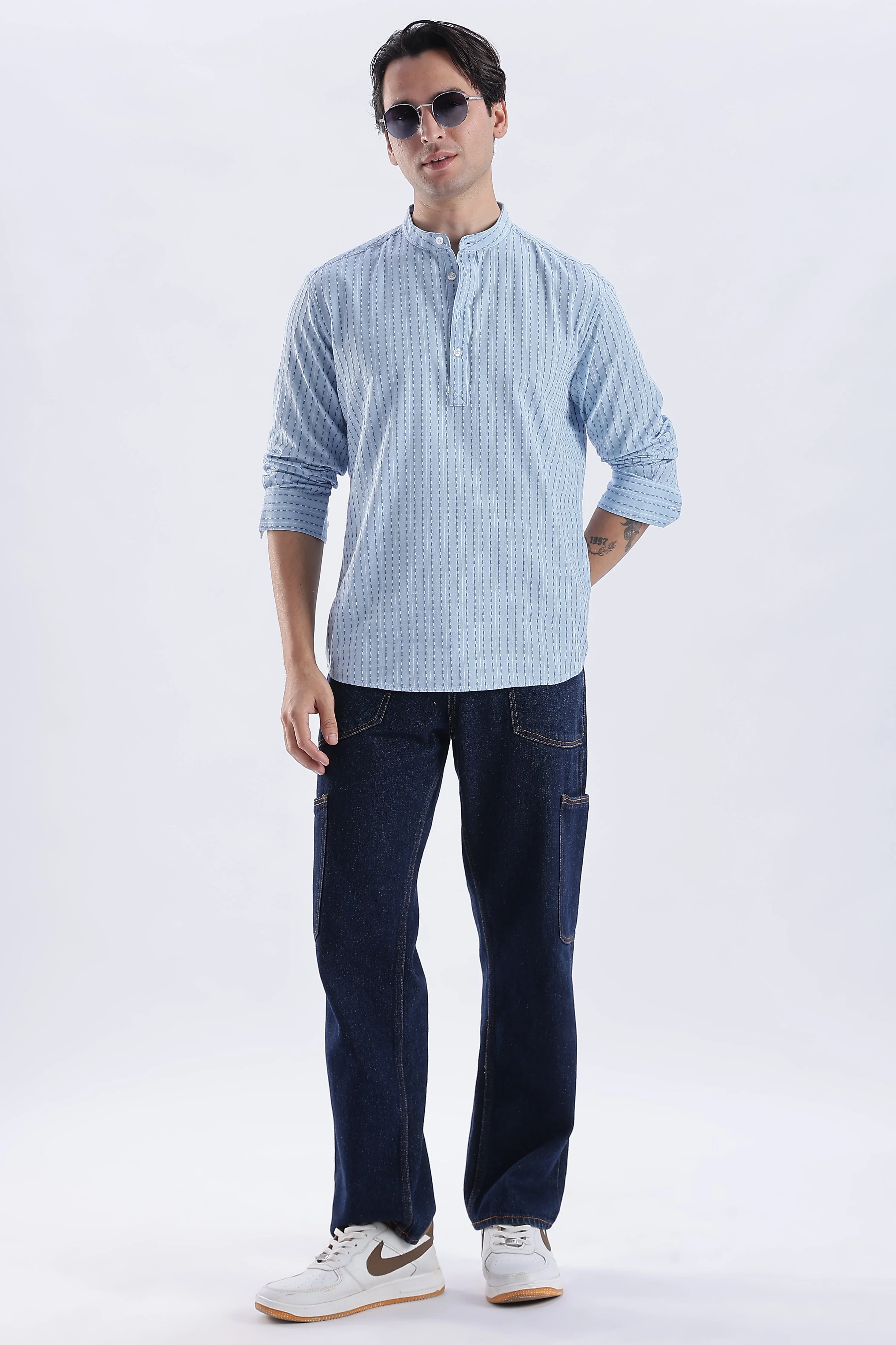 Uri Azure Dobby Stripe Short Kurta - Image 5