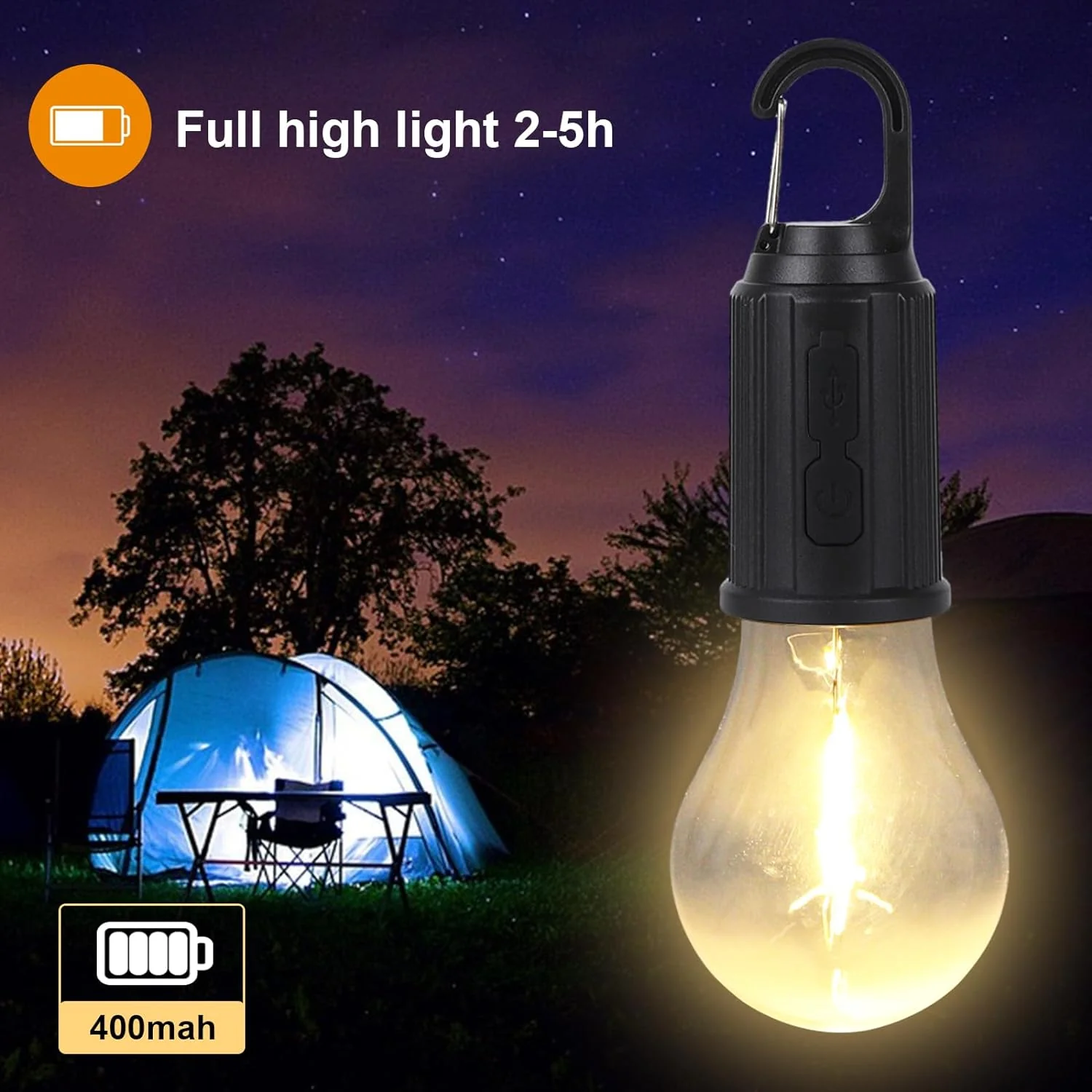 USB Rechargeable LED Bulb with Carabiner Hook 3 Light Modes USB Type C Charging (Pack of 2) - Image 8