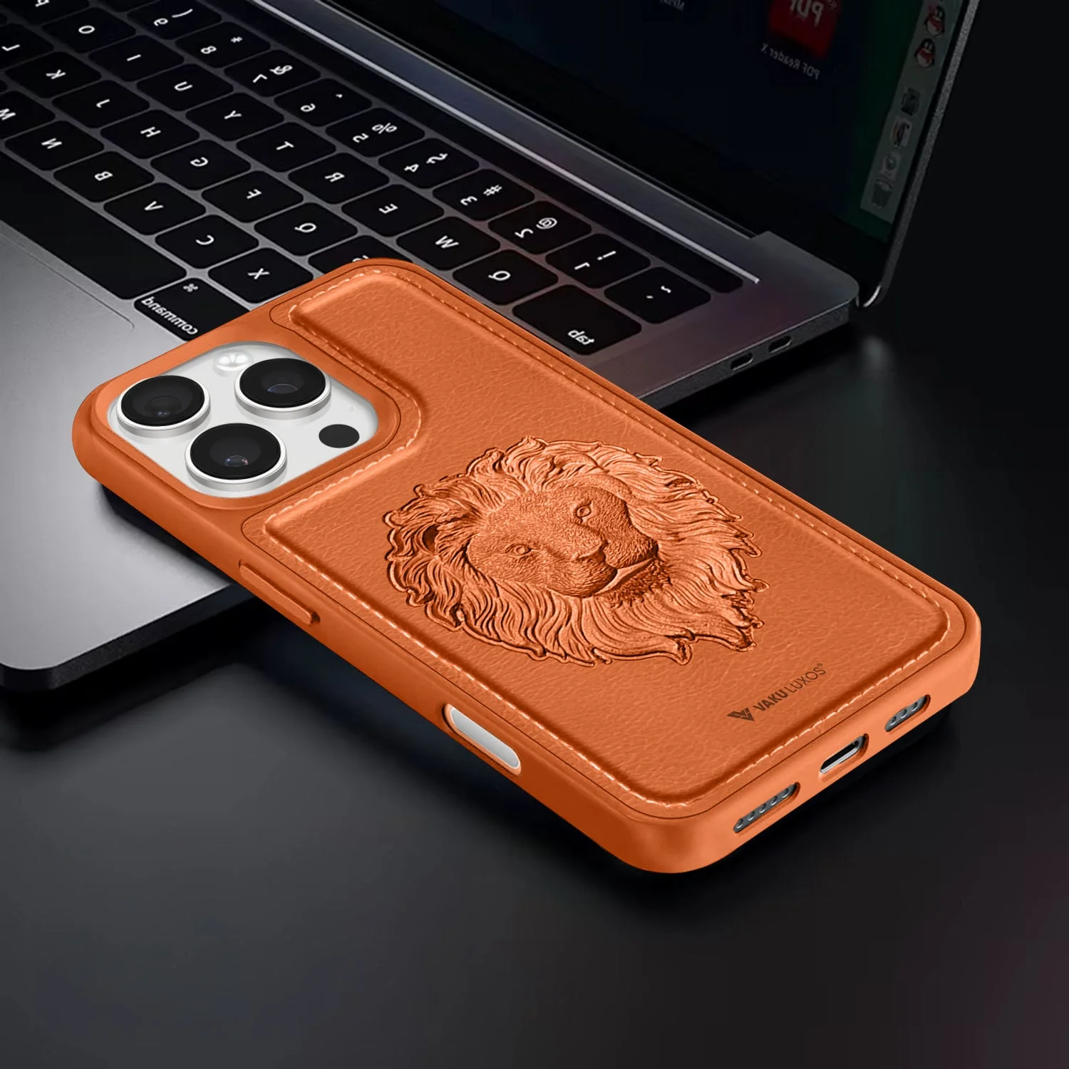Vaku ® Apple iPhone 16 Pro Max Lion Embossed Luxury Designer Leather Protective Back Cover - Image 6