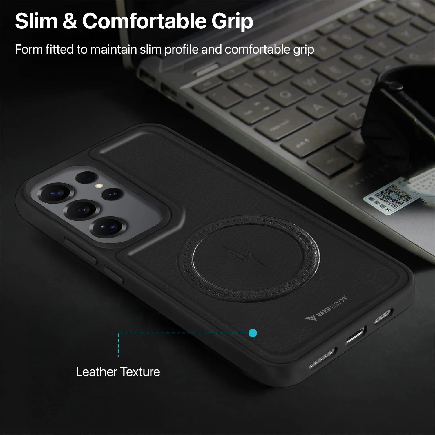 Vaku ® Samsung Galaxy S24 Ultra Maxtron Leather Stitched Magnetic Magsafe Non-Slip Grip Shockproof Back Cover - Image 8