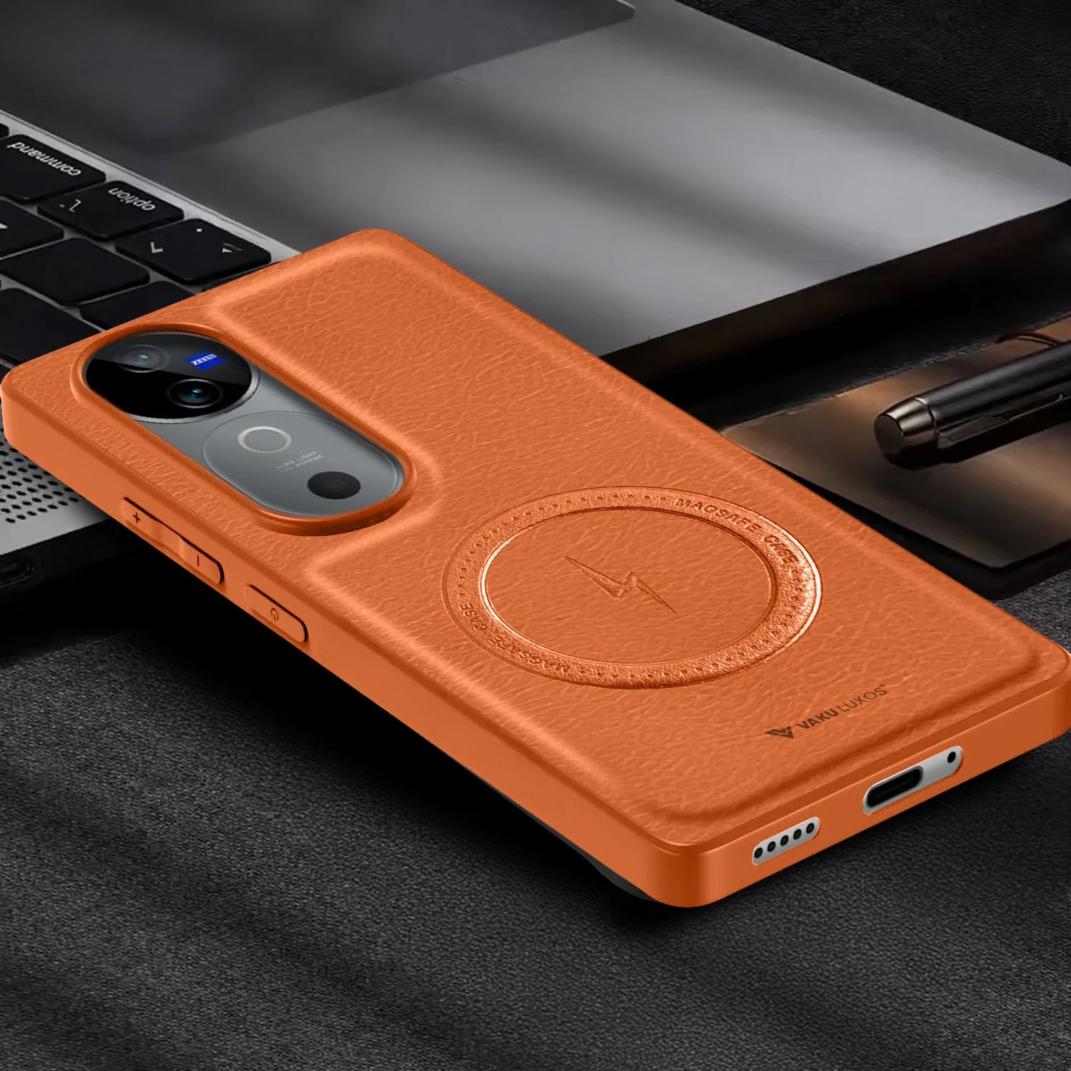 Vaku ® Vivo V40 5G Maxtron Leather Stitched Magnetic Magsafe Non-Slip Grip Shockproof Back Cover - Image 6