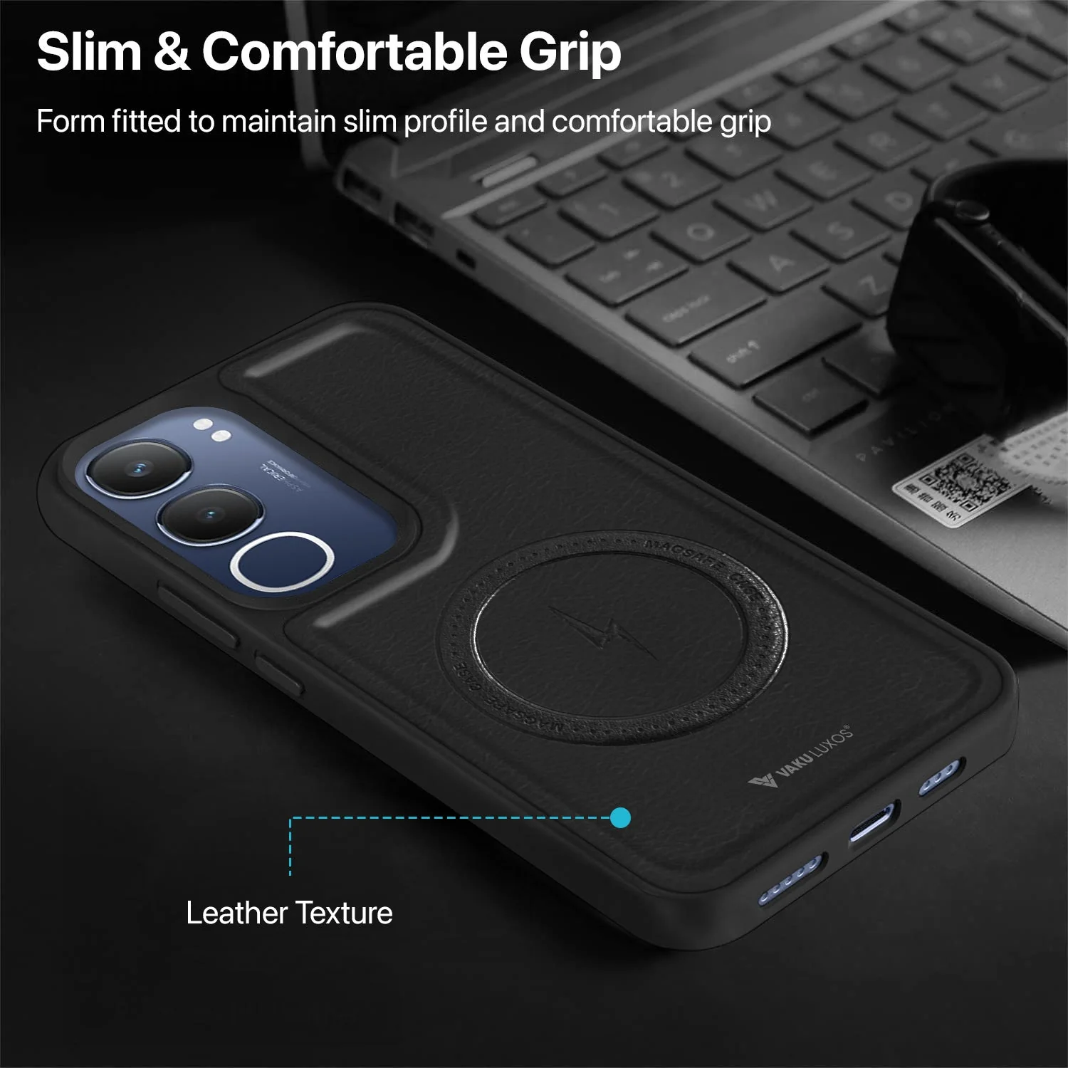 Vaku ® Vivo Y29 5G Maxtron Leather Stitched Magnetic Magsafe Non-Slip Grip Shockproof Back Cover - Image 4