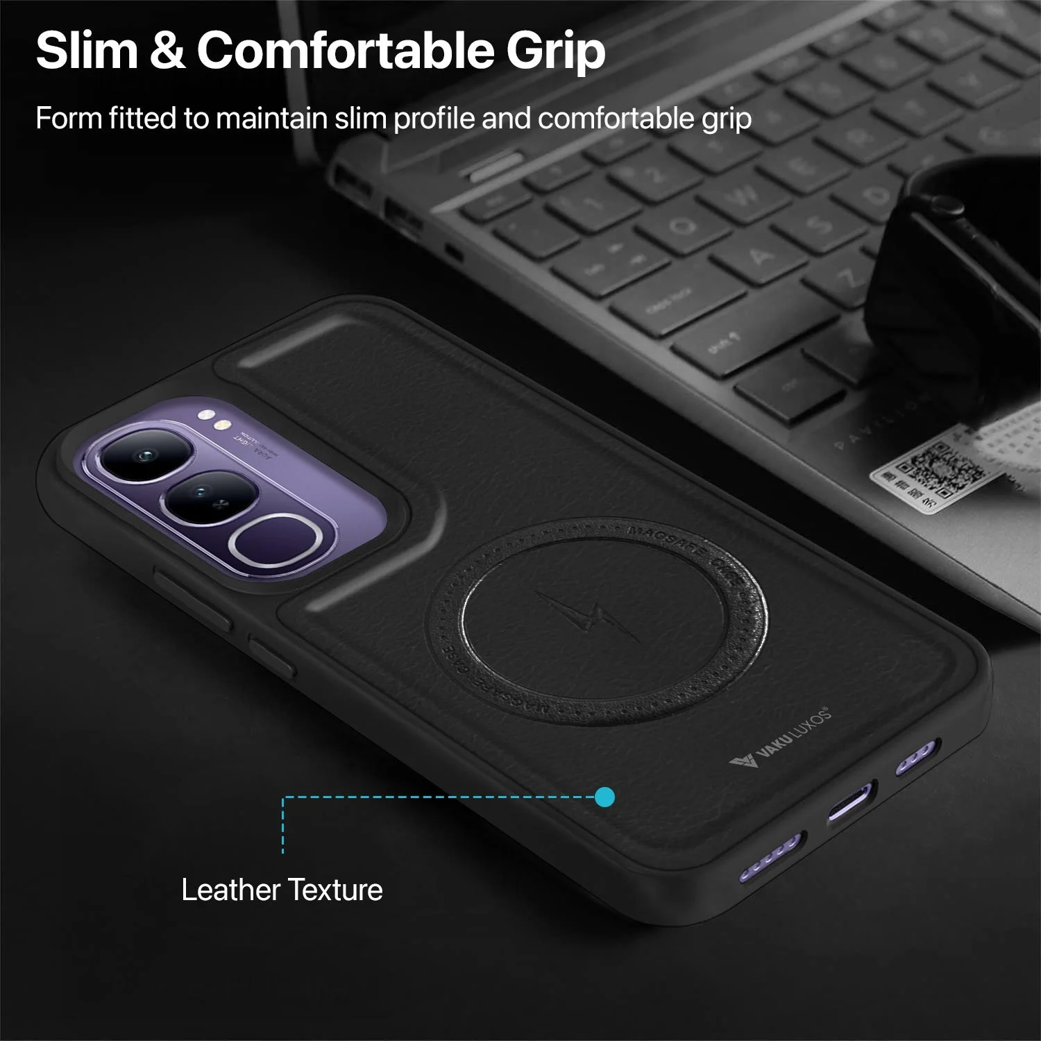 Vaku ® Vivo Y300 5G Maxtron Leather Stitched Magnetic Magsafe Non-Slip Grip Shockproof Back Cover - Image 8
