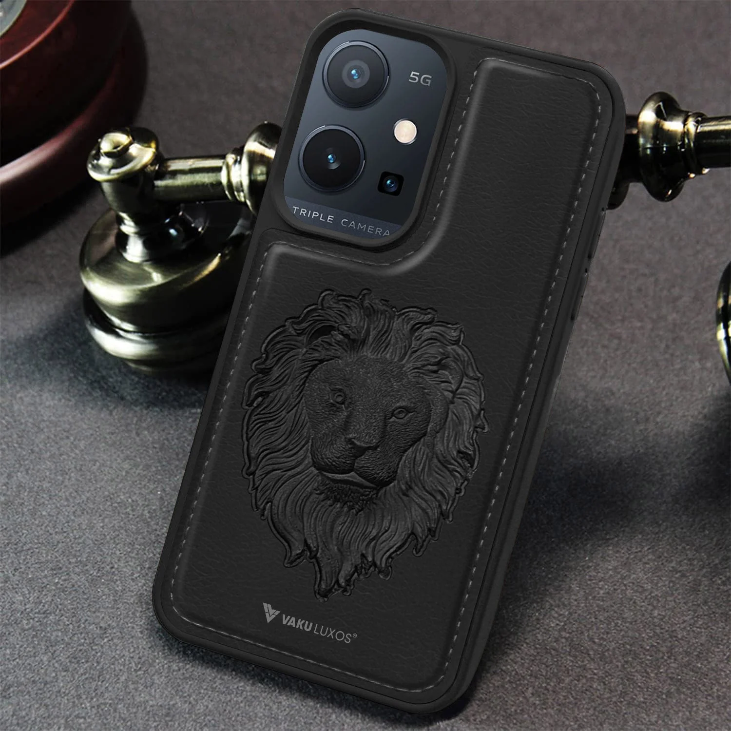 Vaku ® Vivo Y75 5G Lion Embossed Luxury Designer Leather Protective Back Cover Case - Image 5