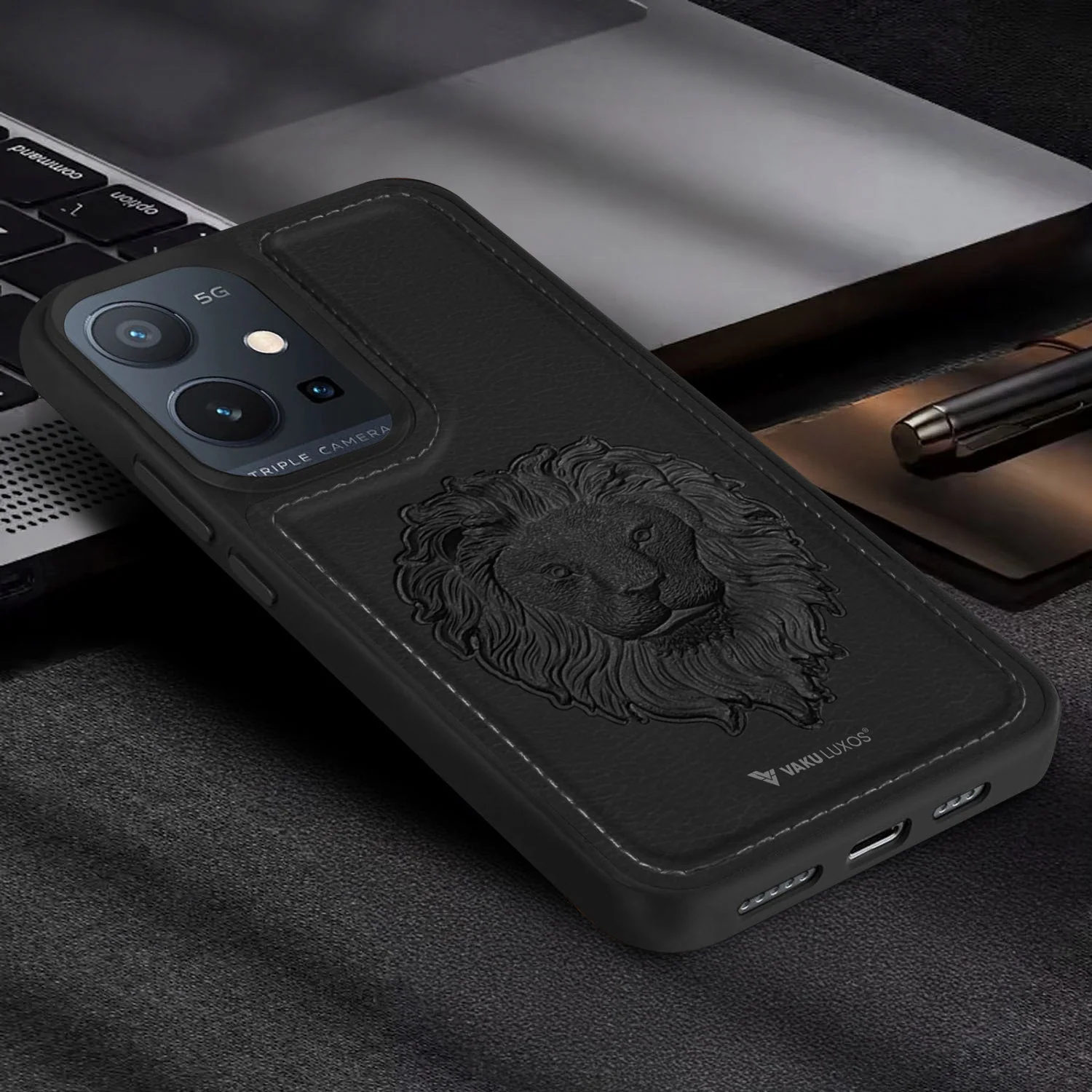 Vaku ® Vivo Y75 5G Lion Embossed Luxury Designer Leather Protective Back Cover Case - Image 7