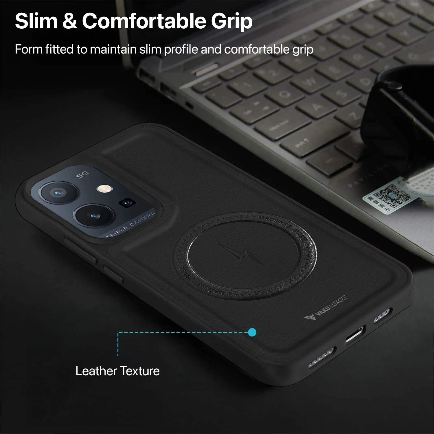 Vaku ® Vivo Y75 5G Maxtron Leather Stitched Magnetic Magsafe Non-Slip Grip Shockproof Back Cover - Image 6