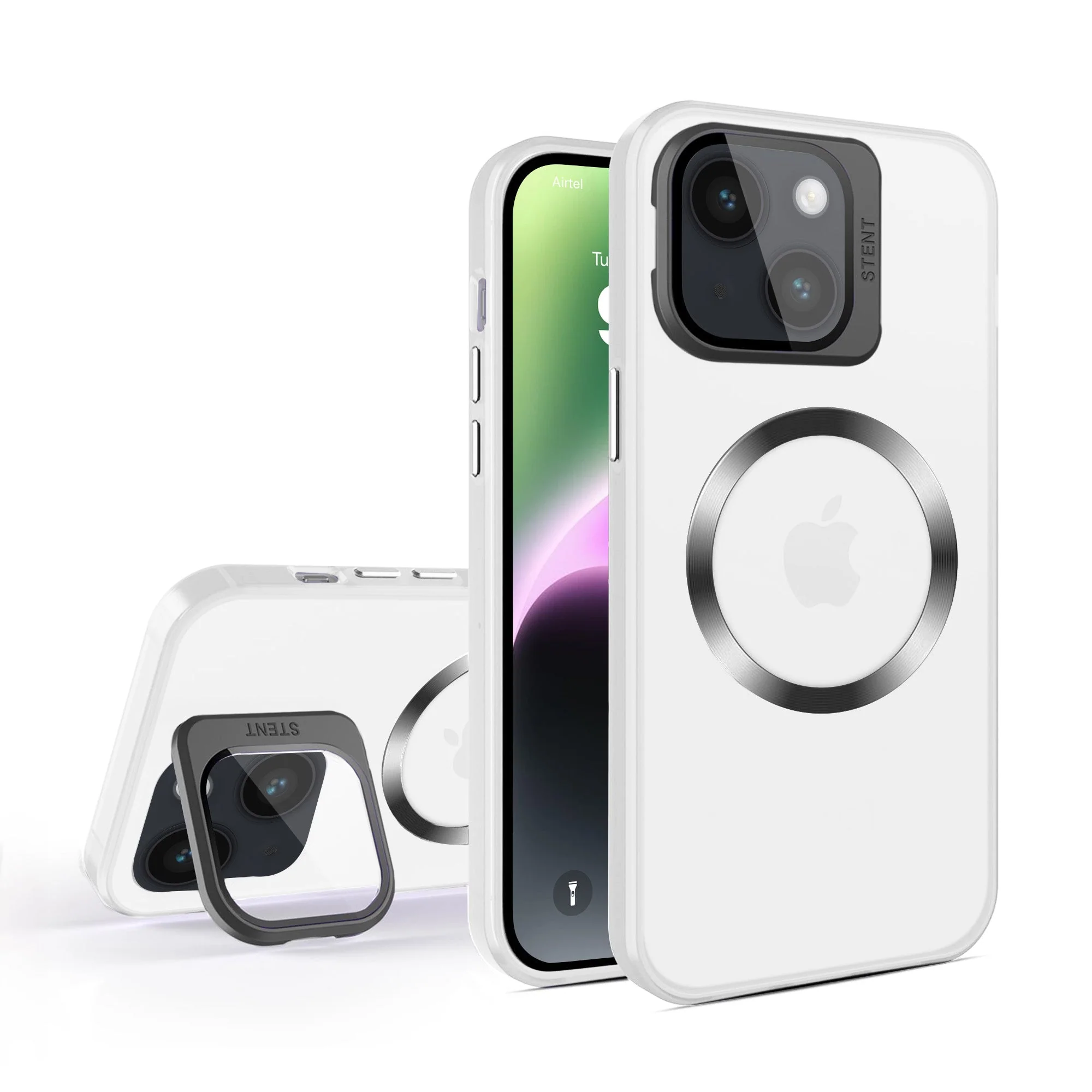Vaku® Apple iPhone 14 Plus Rime Frosted Magnetic Magpro Translucent Camera Protector Case with Built-in Stash Stand Back Cover